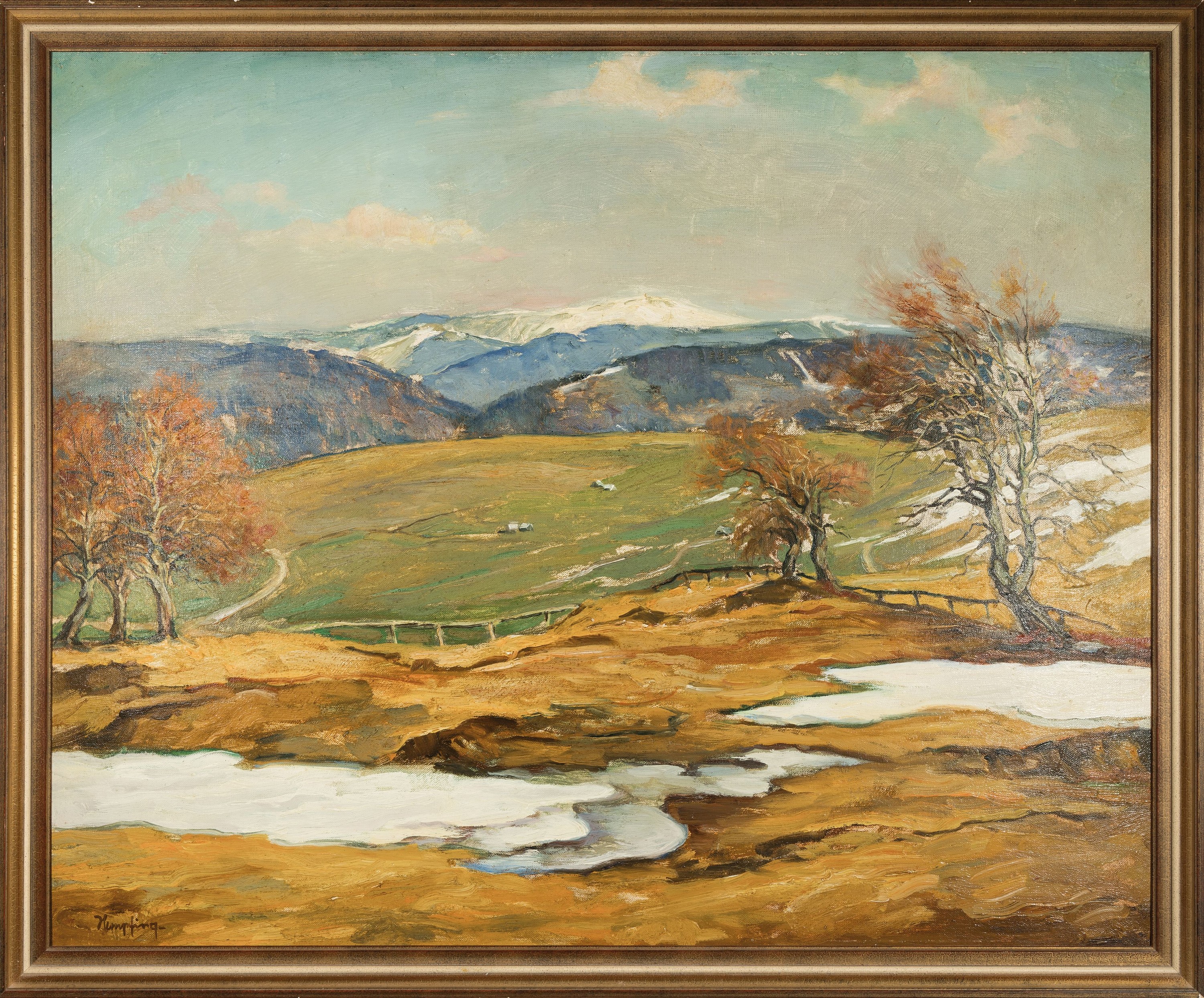 Detail k: Wilhelm Hempfing, 1886 Schönau-1948 Karlsruhe, Weite Gebirgslandschaft mit vereinzelten Schneefeldern, Öl/Hartfaser, links unten signiert, ca. ...