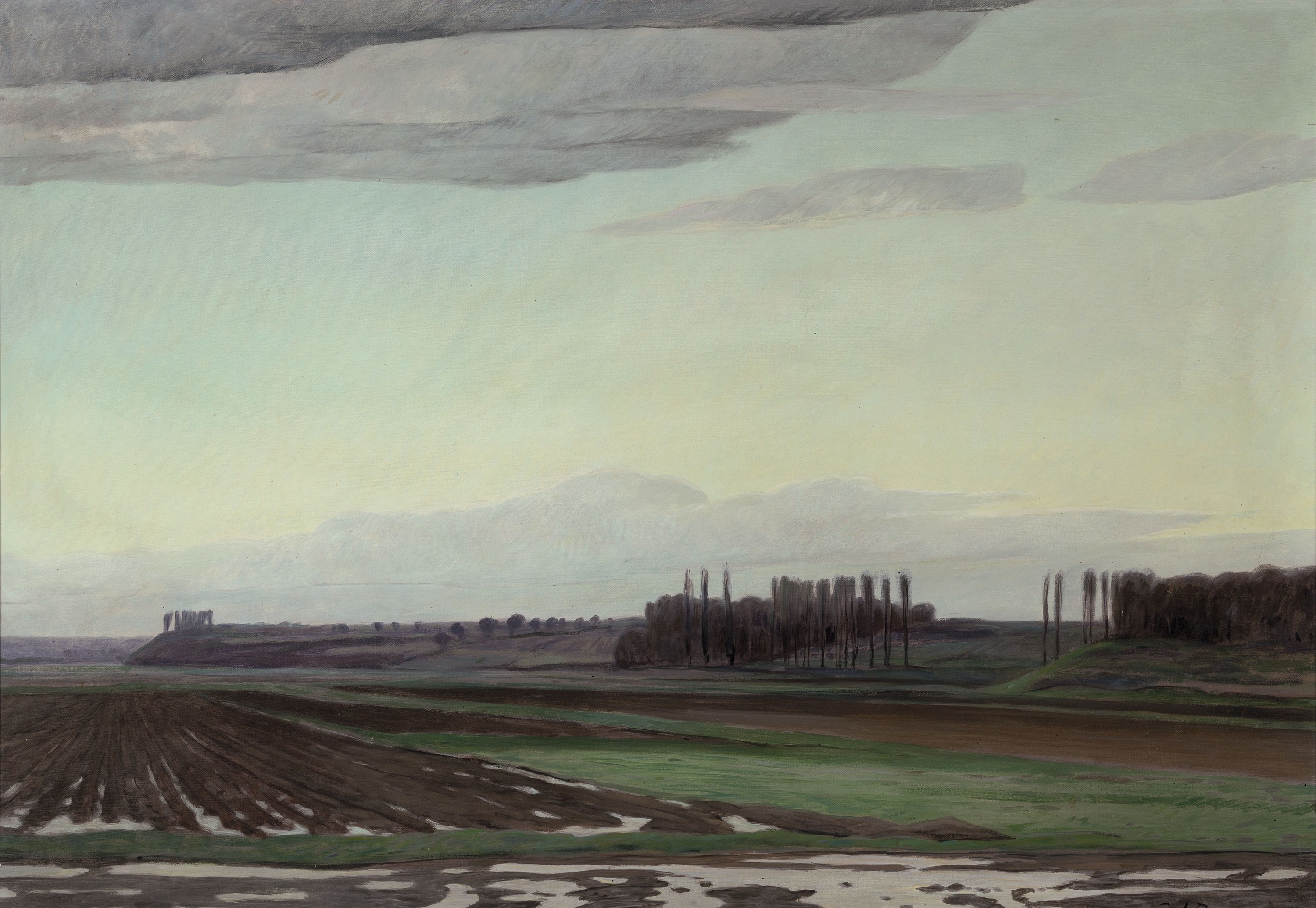 Werner Brand, 1933 Löbau-2021 Hochstadt/Pfalz, Weite Landschaft mit Feldern und Baumgruppen, im Hintergrund die Haardt, Öl/Lwd, rechts unten sign. ...