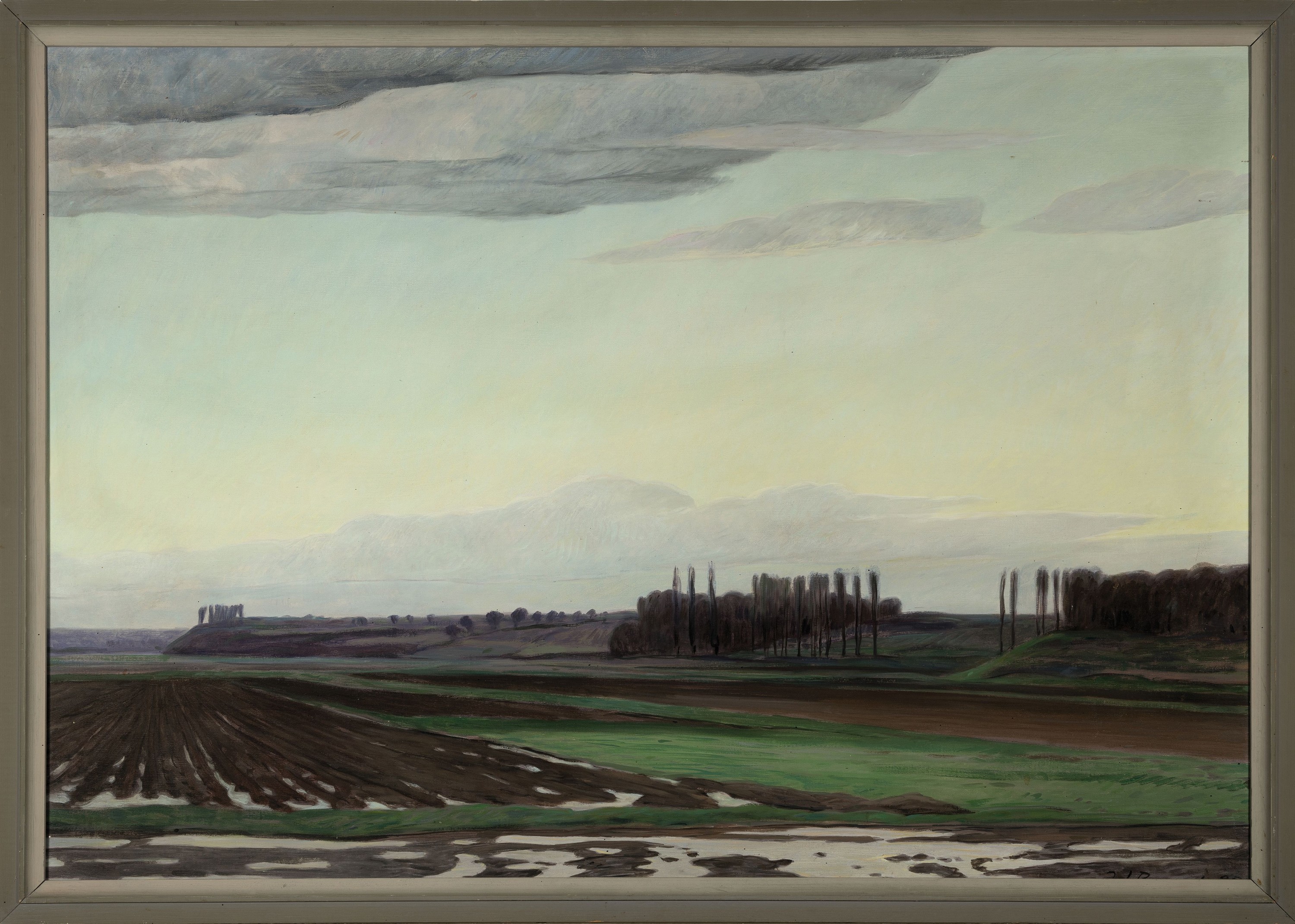 Detail k: Werner Brand, 1933 Löbau-2021 Hochstadt/Pfalz, Weite Landschaft mit Feldern und Baumgruppen, im Hintergrund die Haardt, Öl/Lwd, rechts unten sign. ...