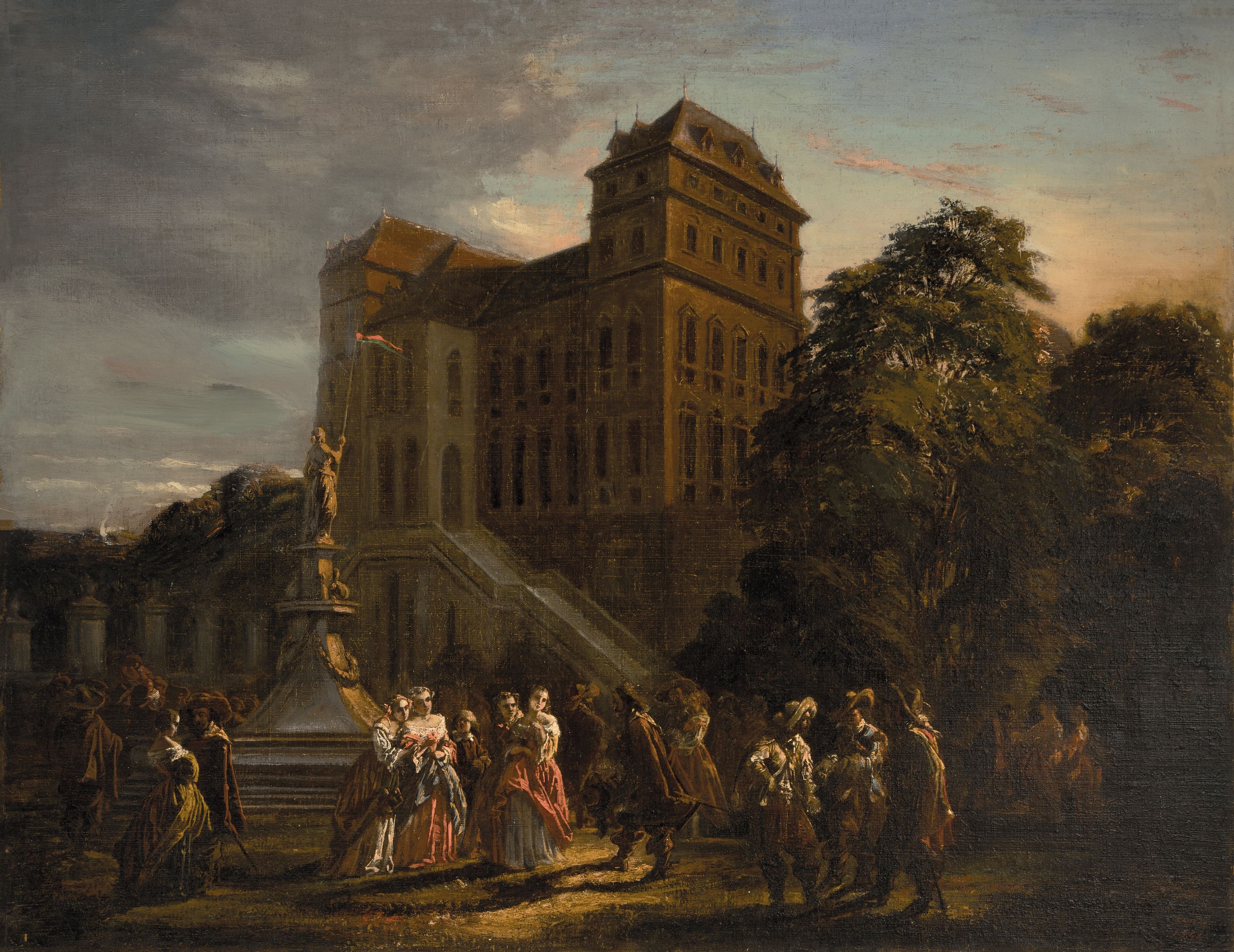 Unleserlich signiert, datiert 1854, Höfische Gesellschaft im Garten vor dem Schloss, Öl/Lwd, rest., ca. 90x116cm