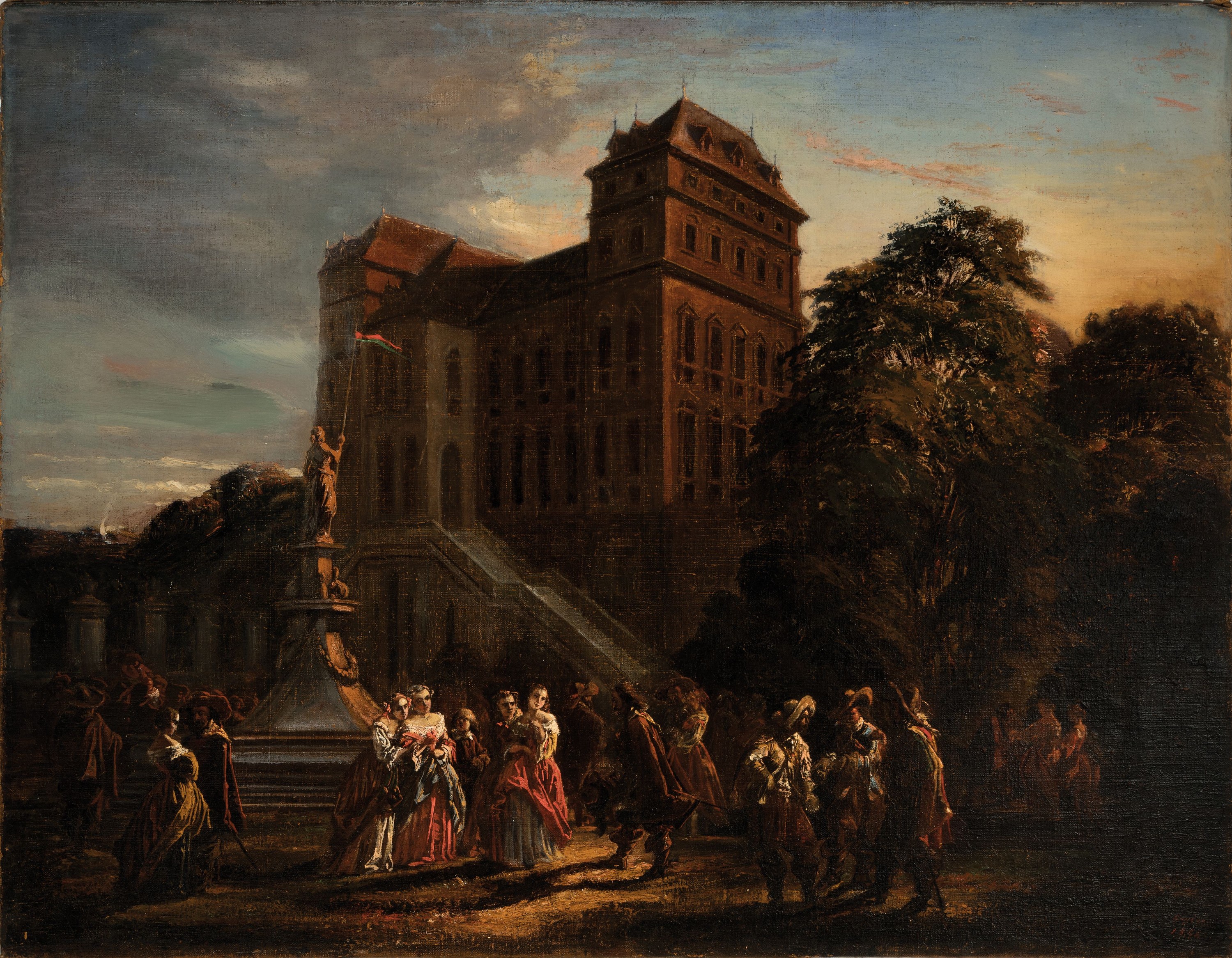 Detail k: Unleserlich signiert, datiert 1854, Höfische Gesellschaft im Garten vor dem Schloss, Öl/Lwd, rest., ca. 90x116cm