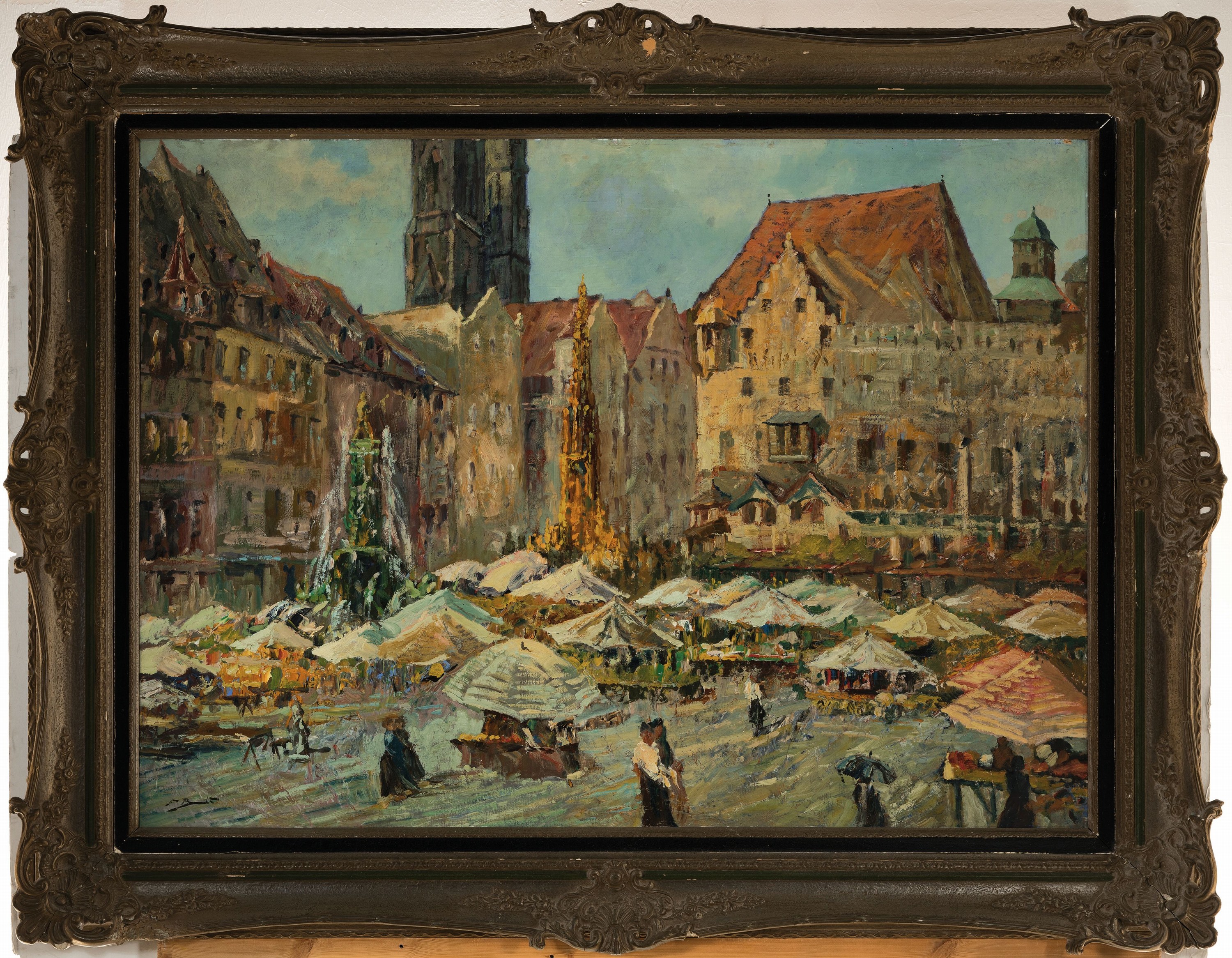 Detail k: Ungedeuteter Künstler der Mitte des 20.Jh., Der Hauptmarkt in Nürnberg, links unten unleserlich signiert "F. Brandt" ?, Öl/Malkarton, ...