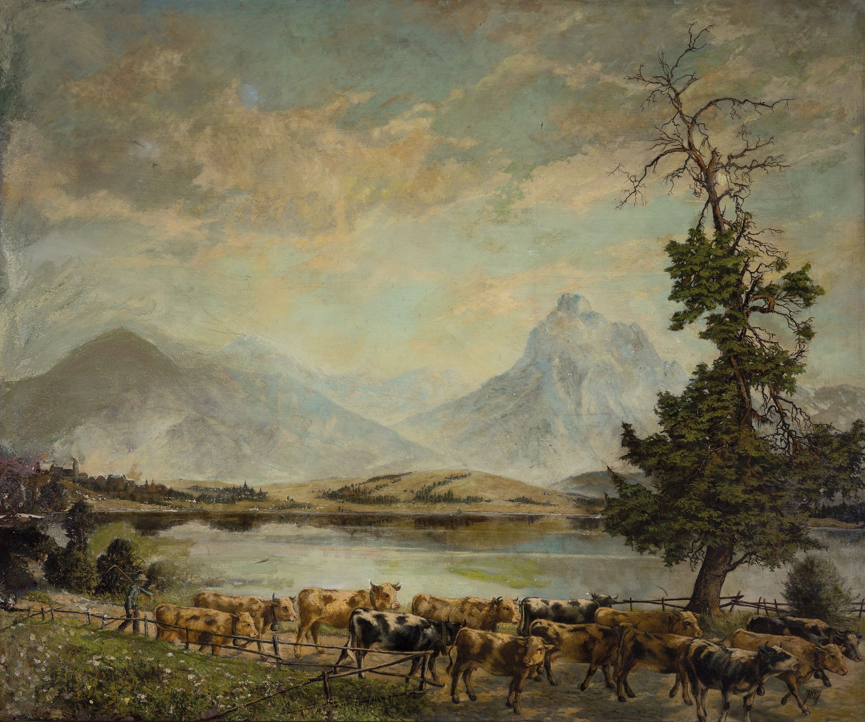 Julius Wolf, 1909 Rottweil-1996 Kempten, Bauer treibt seine Kühe ein Seeufer entlang, im Hintergrund Gebirgsmassiv, Öl/Spanplatte, rechts unten ...