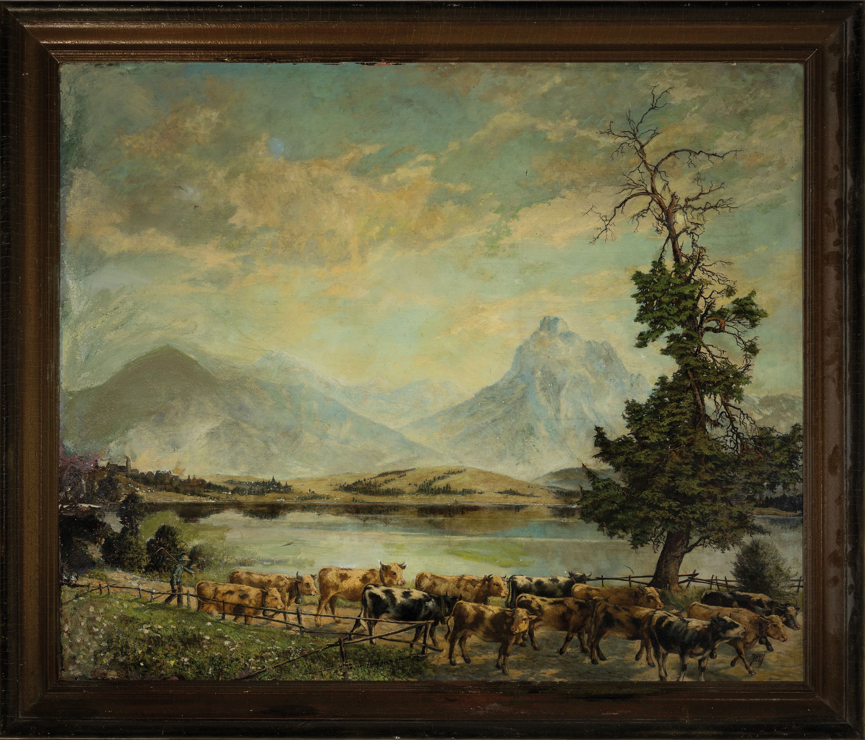 Detail k: Julius Wolf, 1909 Rottweil-1996 Kempten, Bauer treibt seine Kühe ein Seeufer entlang, im Hintergrund Gebirgsmassiv, Öl/Spanplatte, rechts unten ...