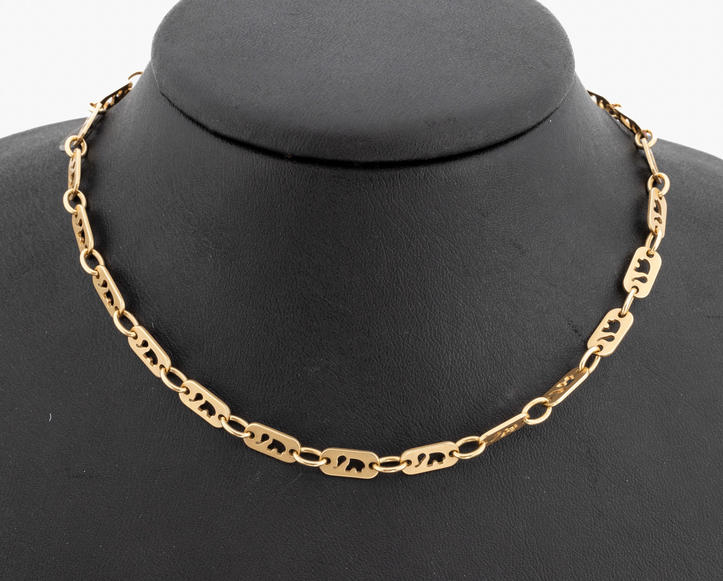 14 kt Gold Collier, GG 585/000, ovale Glieder durchbrochen in Form von Elefanten, L.ca. 46 cm, Karabinerschließe, ca. 16.5 g