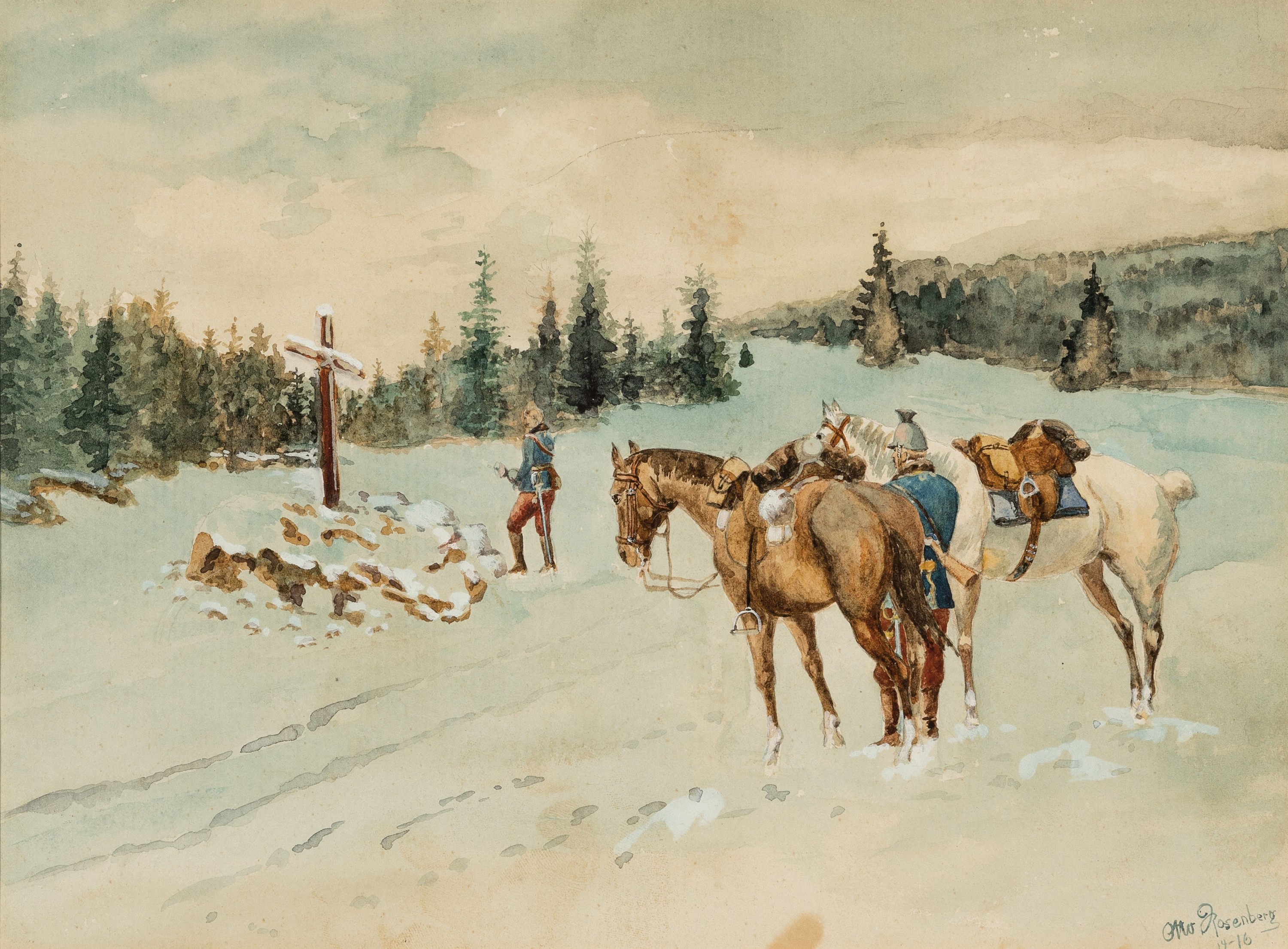 Otto Rosenberg, Anfang 20.Jh., Aquarell, 2 französische Kavalleristen an Wegekreuz in Winterlandschaft, rechts unten signiert und datiert (19)14-16, ...