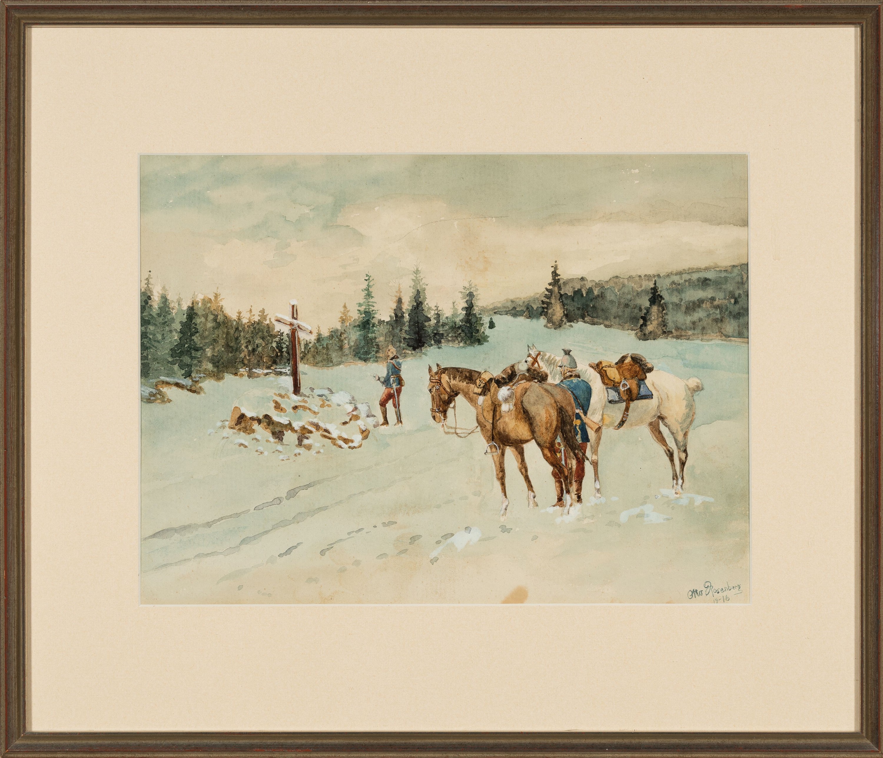 Detail k: Otto Rosenberg, Anfang 20.Jh., Aquarell, 2 französische Kavalleristen an Wegekreuz in Winterlandschaft, rechts unten signiert und datiert (19)14-16, ...