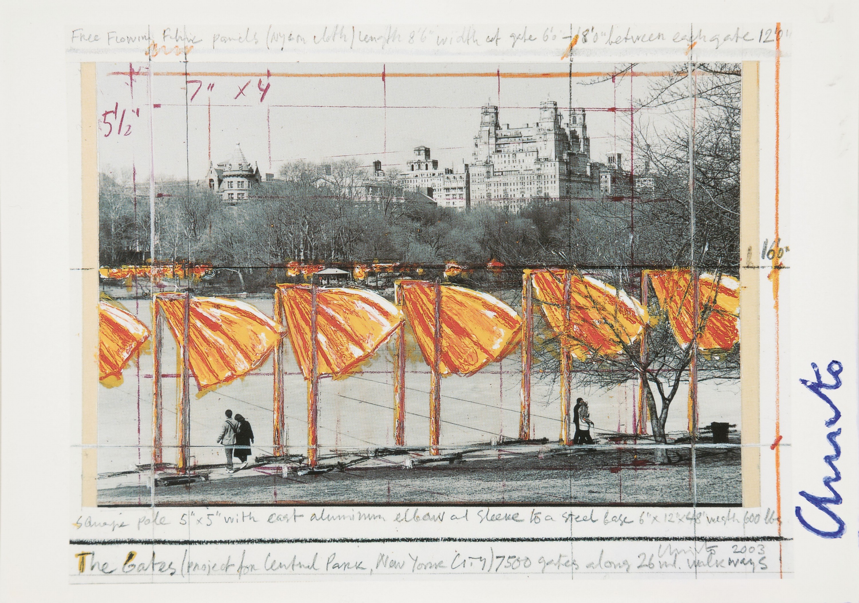 Christo, 1935-2020, Künstlerpostkarte zu "The Gates. Central Park, New Cork City", Gefälligkeitssignatur, ungerahmt, 17x12 cm