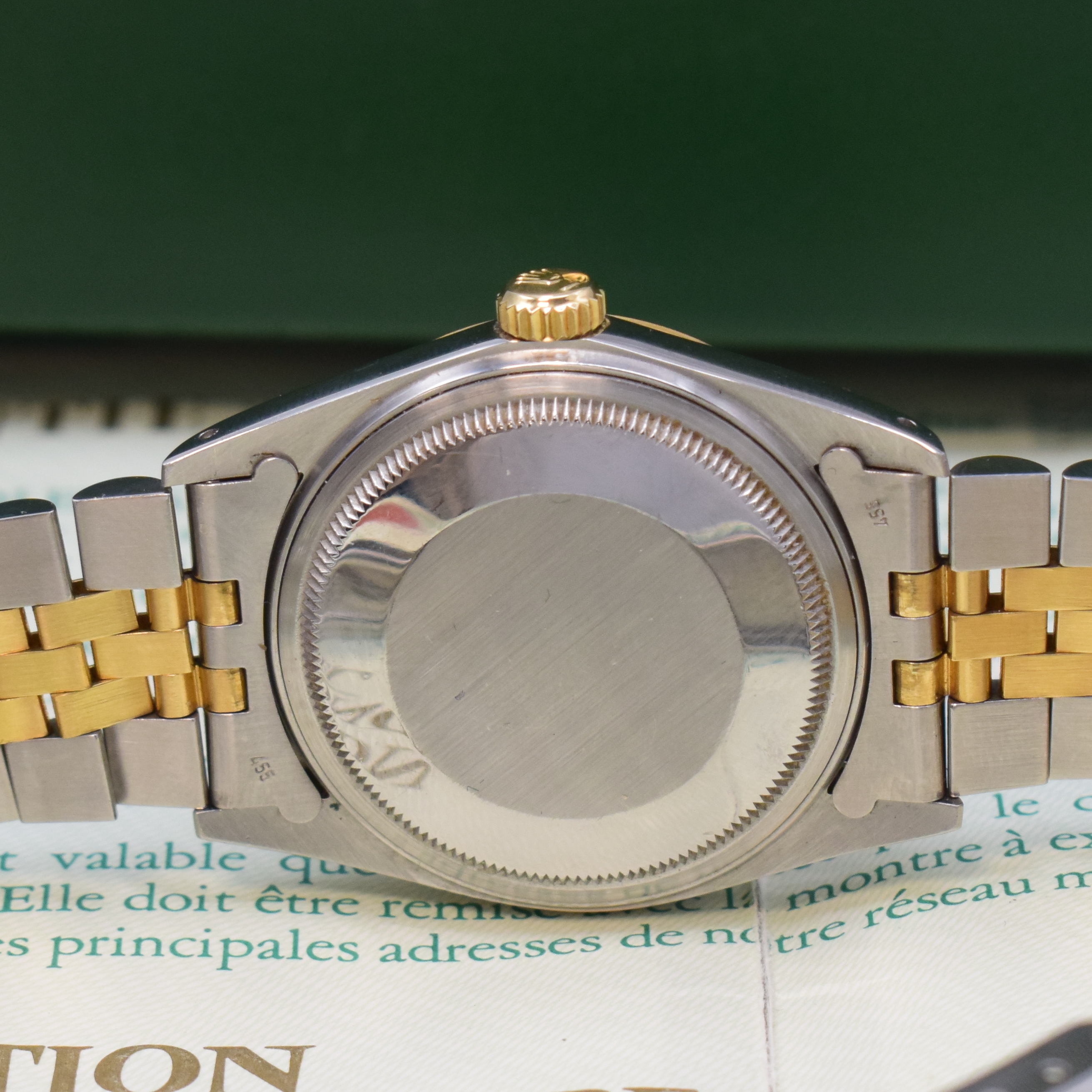 Detail d: ROLEX Datejust Referenz 16013 Herrenarmbanduhr in Stahl/Gold, Schweiz um 1988, LC 100, Automatik, Oystergeh. m. geriffelter Lünette, Boden u. Krone ...