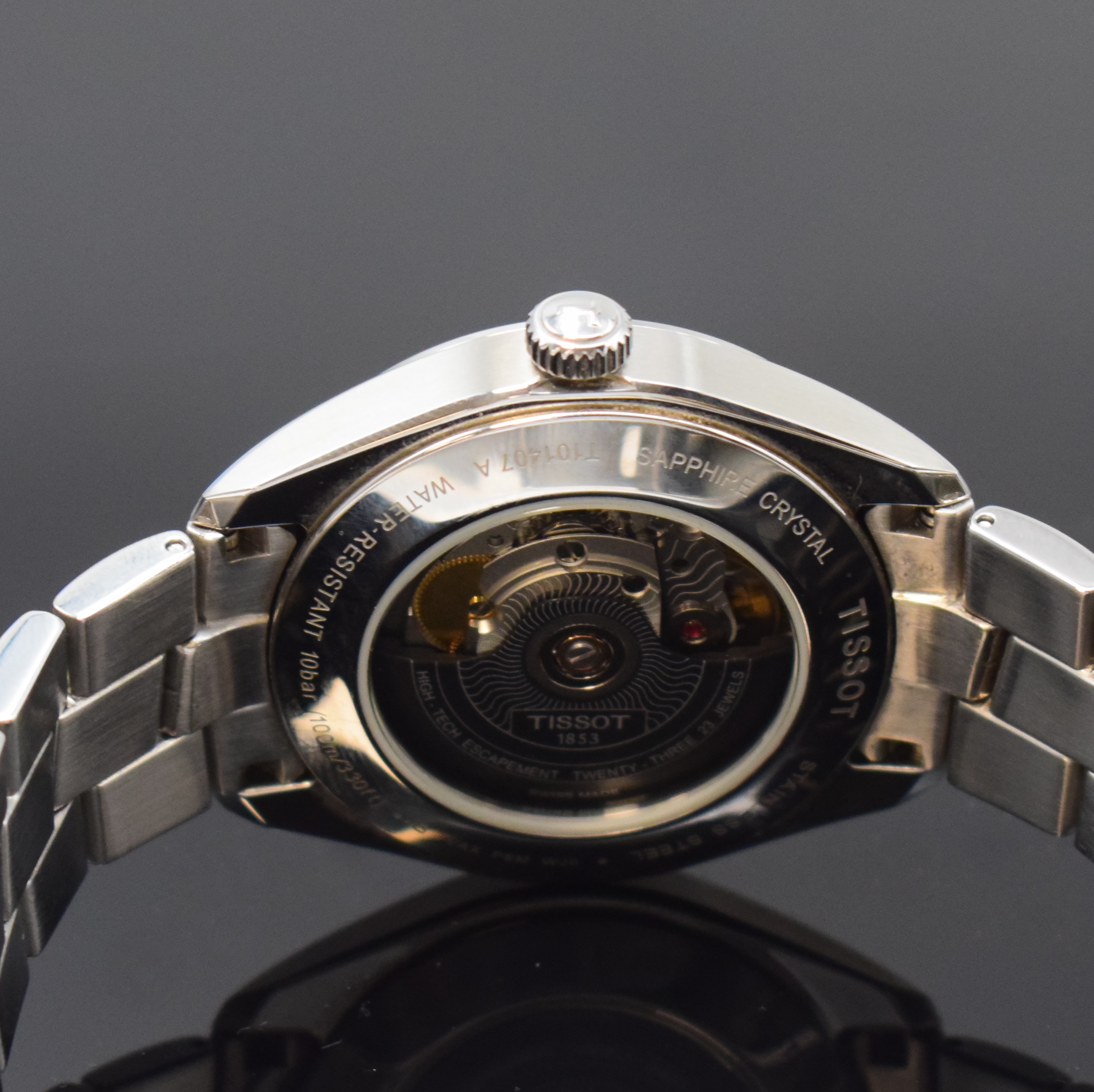 Detail c: TISSOT PR100 Powermatic 80 Herrenarmbanduhr in Stahl/Stahlband, Schweiz um 2020, Automatik, beids. vergl. Geh., Boden u. Glasrand aufgedr., weisses ...