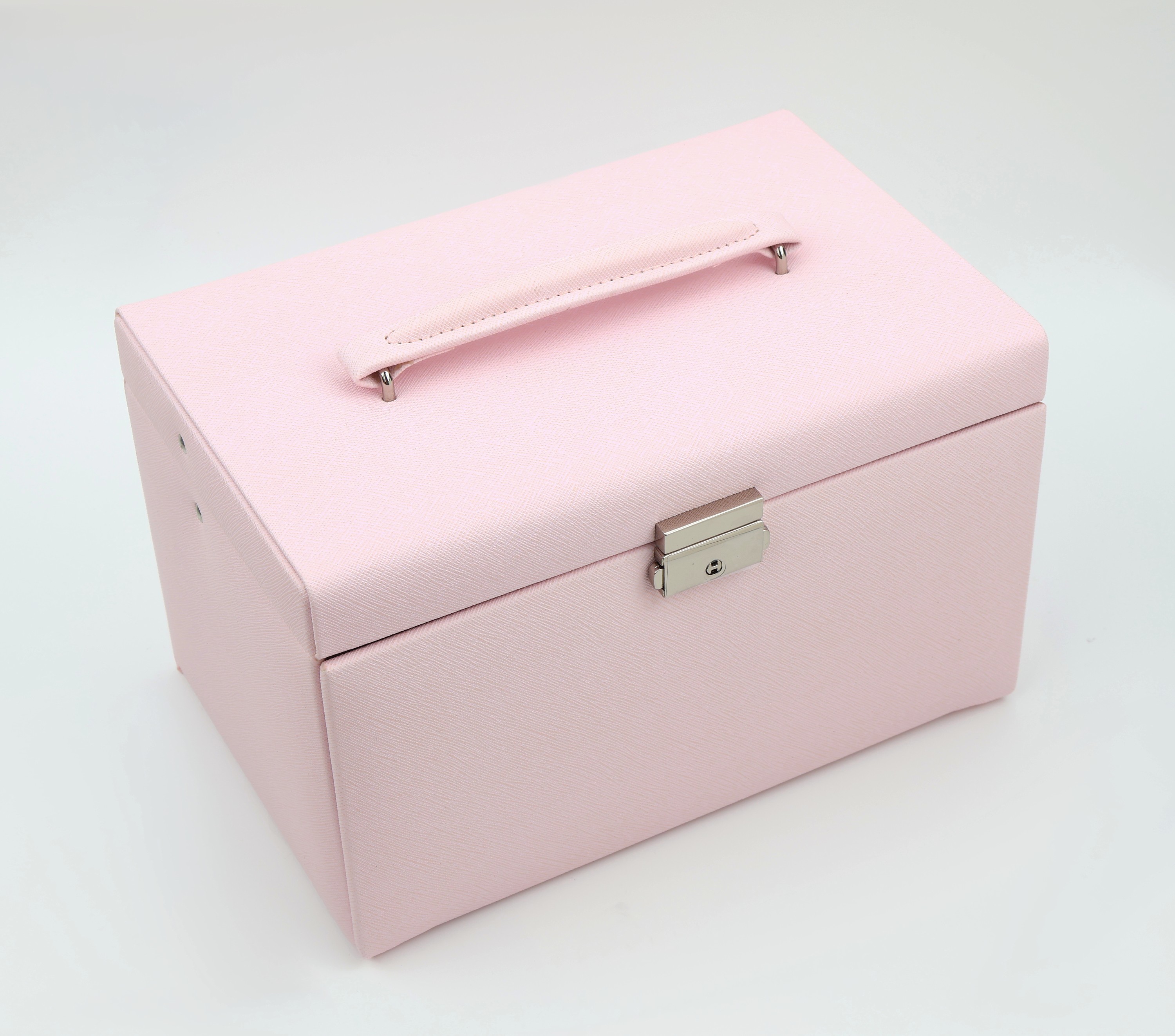 Schmuckkoffer aus Feinsynthetik in rosa, hellgraues Innenfutter, 3 Schubfächer, Innenspiegel, abschließbar, 24 x 15 x 16 cm