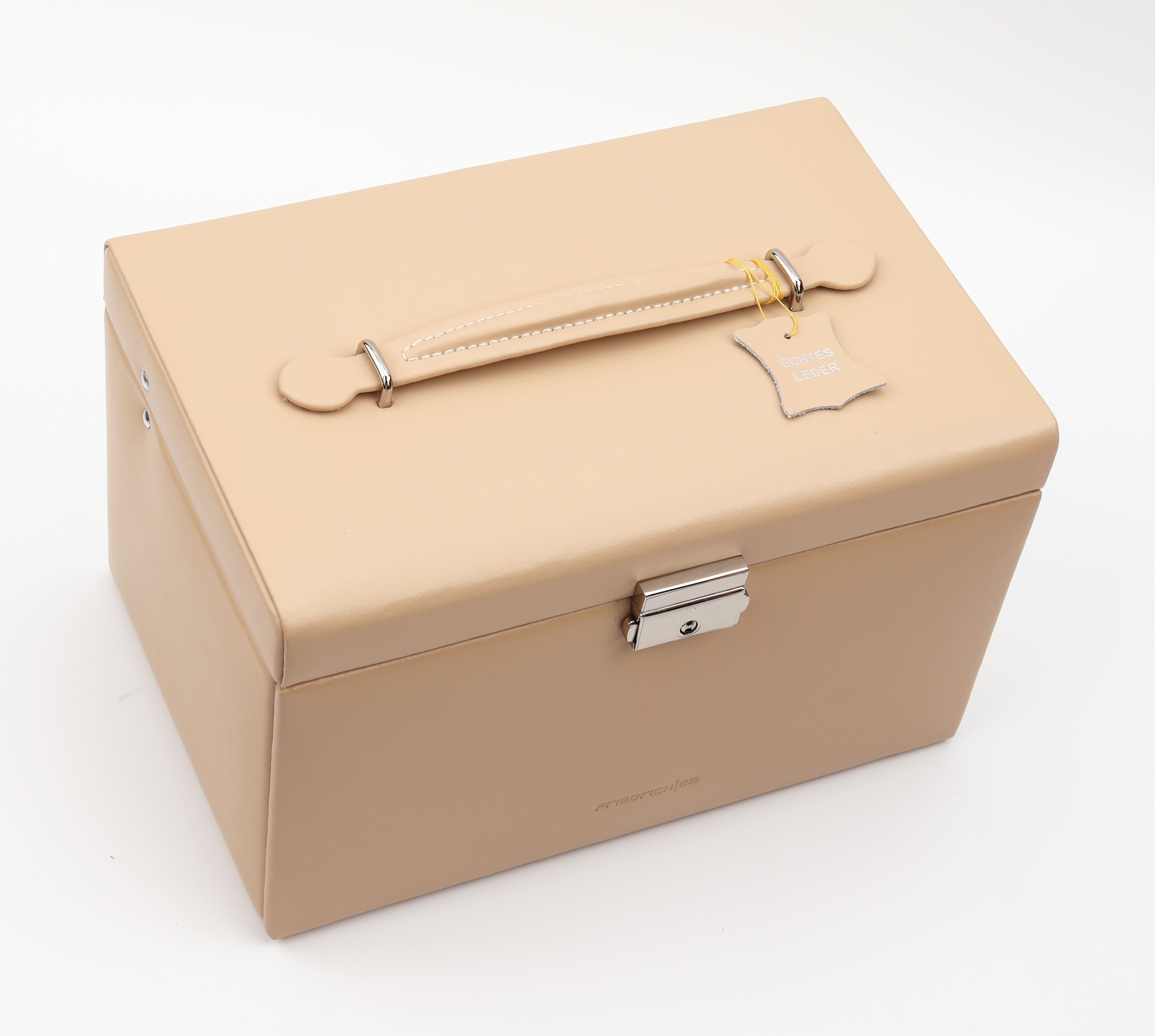 Schmuckkoffer aus Leder in beige, Innenfutter braun, Broschenleiste, Ringleiste, Innenspiegel, 3 Schubladen mit Unterteilungen, abschließbar, ca. 24 ...