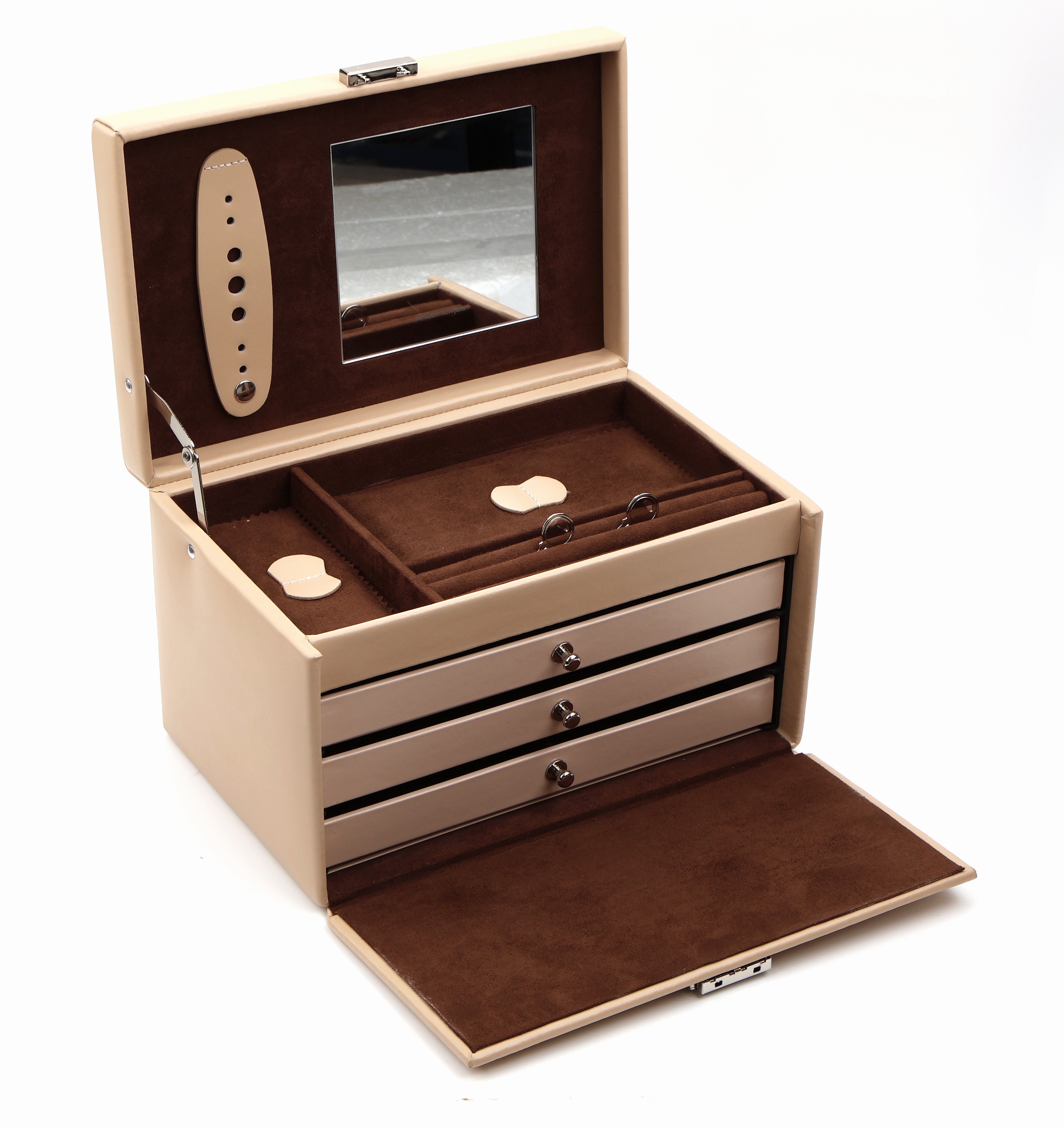 Detail a: Schmuckkoffer aus Leder in beige, Innenfutter braun, Broschenleiste, Ringleiste, Innenspiegel, 3 Schubladen mit Unterteilungen, abschließbar, ca. 24 ...