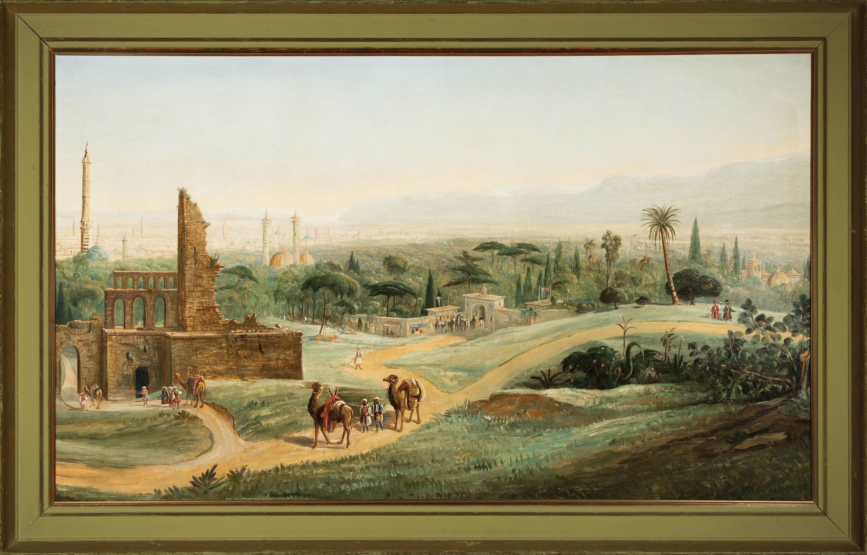 Detail k: Unbekannter Orientalist Ende 19.Jh., Blick über eine arabische Stadt, wohl Konstantinopel, Silhouette mit einer Vielzahl an Kuppeln und Minaretten ...