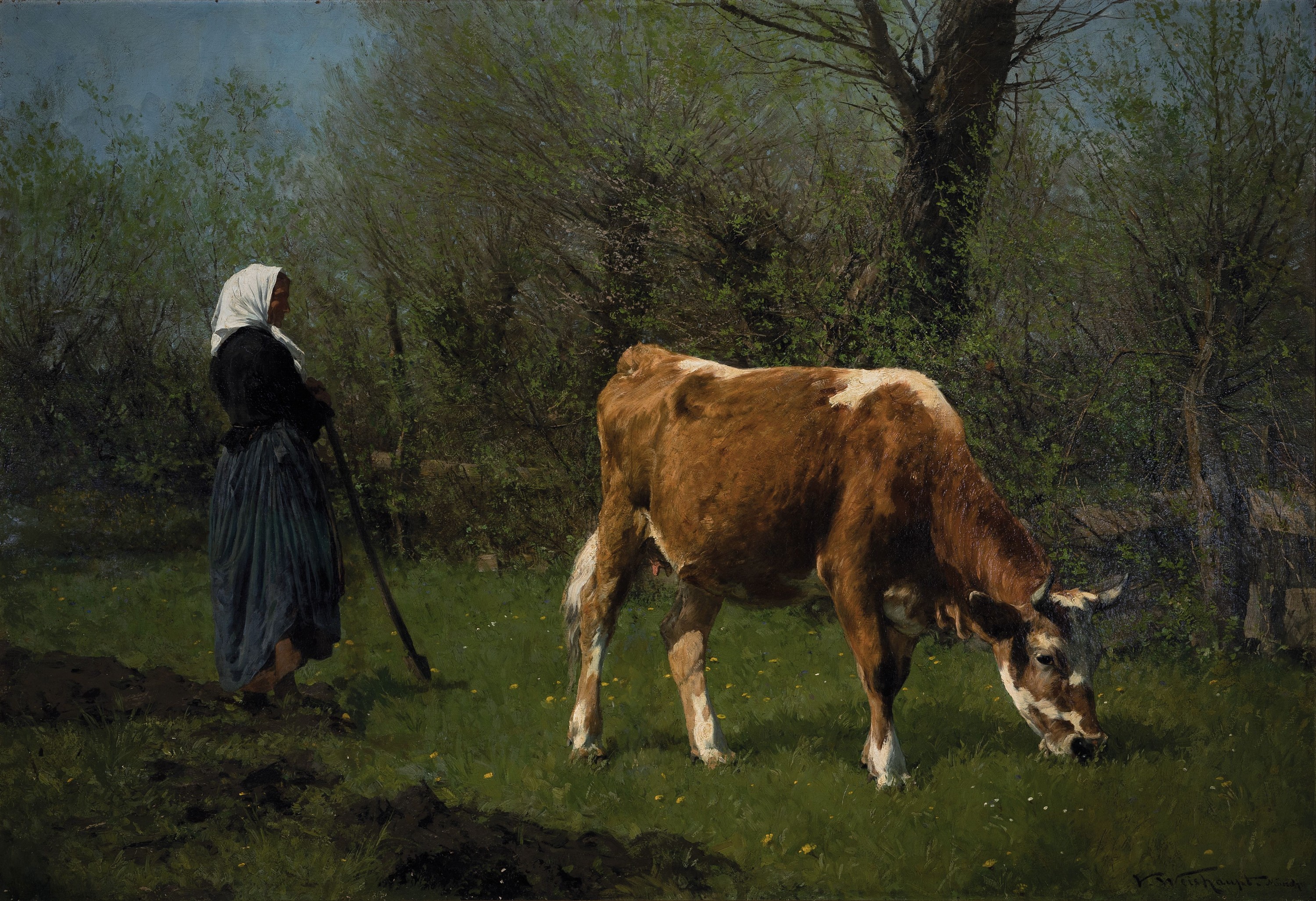 Viktor Weisshaupt, 1848 München-1905 Karlsruhe , Bäuerin mit Weissscheck auf der Weide, frühlingshafter Charakter mit austreibenden Weiden, ...
