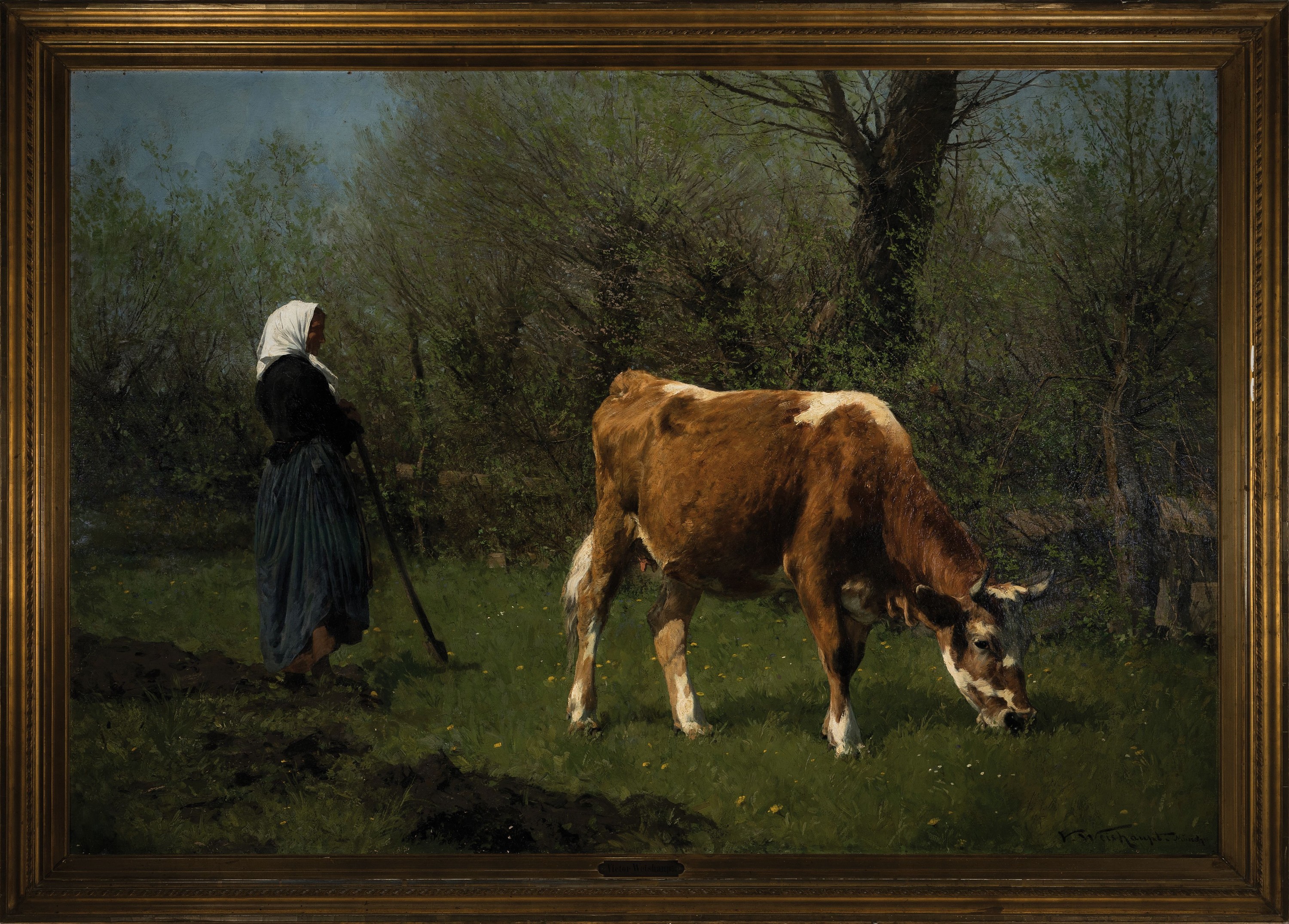 Detail k: Viktor Weisshaupt, 1848 München-1905 Karlsruhe , Bäuerin mit Weissscheck auf der Weide, frühlingshafter Charakter mit austreibenden Weiden, ...