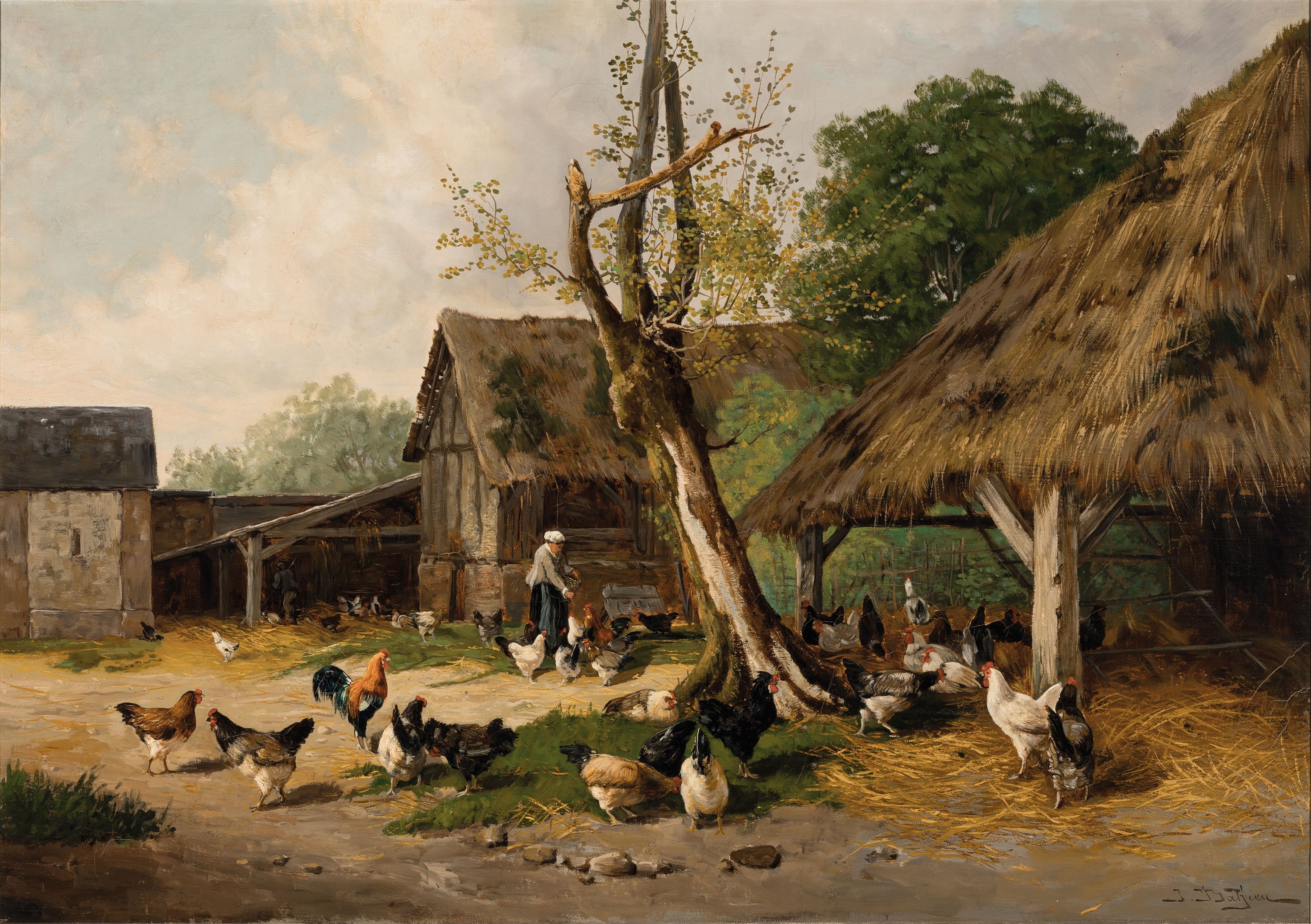 J. Batjen, Maler um 1900, Bäuerin beim Füttern des Federviehs auf dem Bauernhof, Öl/Lwd, rechts unten signiert, ca. 65x92 cm, R. ca. 85x112cm