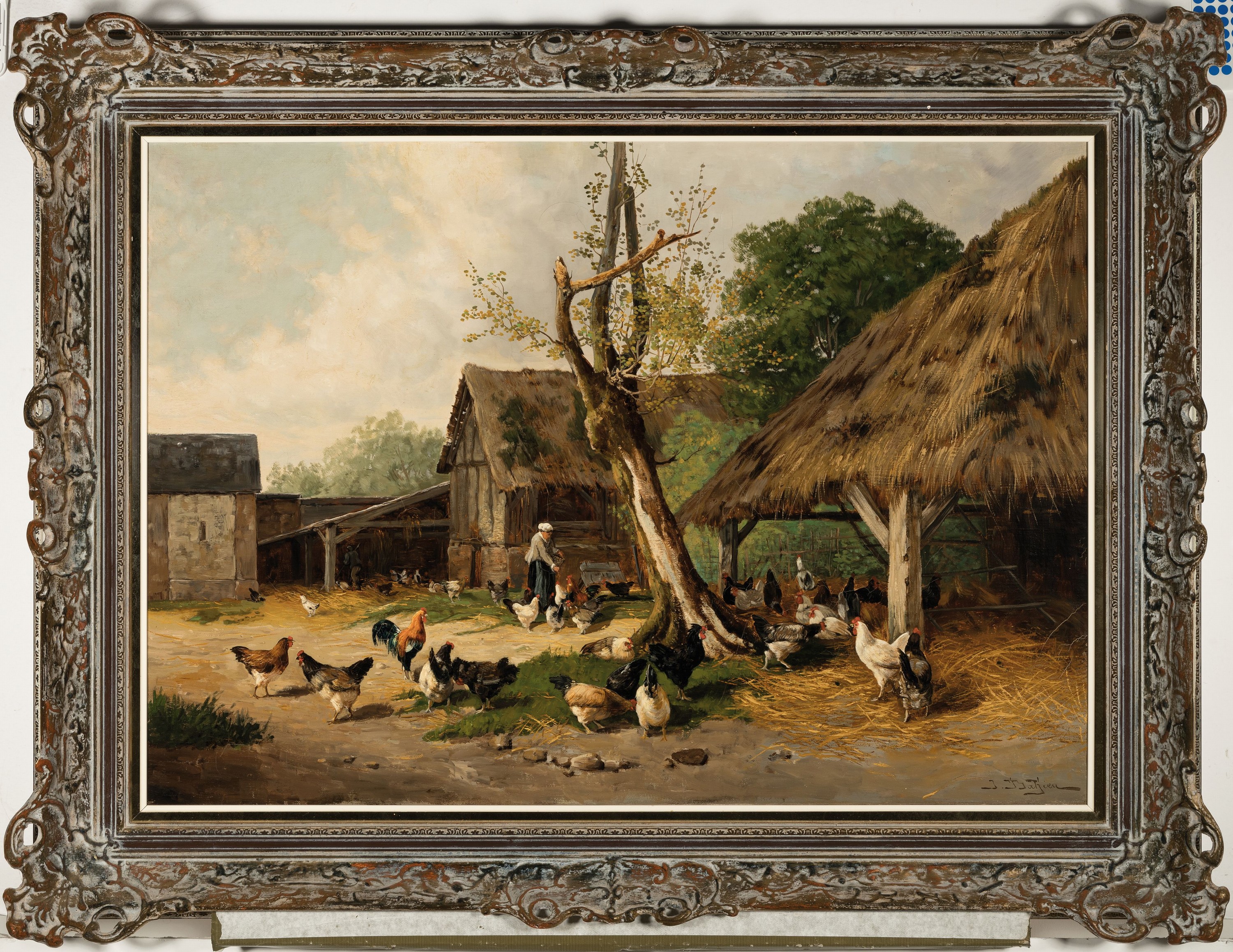 Detail k: J. Batjen, Maler um 1900, Bäuerin beim Füttern des Federviehs auf dem Bauernhof, Öl/Lwd, rechts unten signiert, ca. 65x92 cm, R. ca. 85x112cm