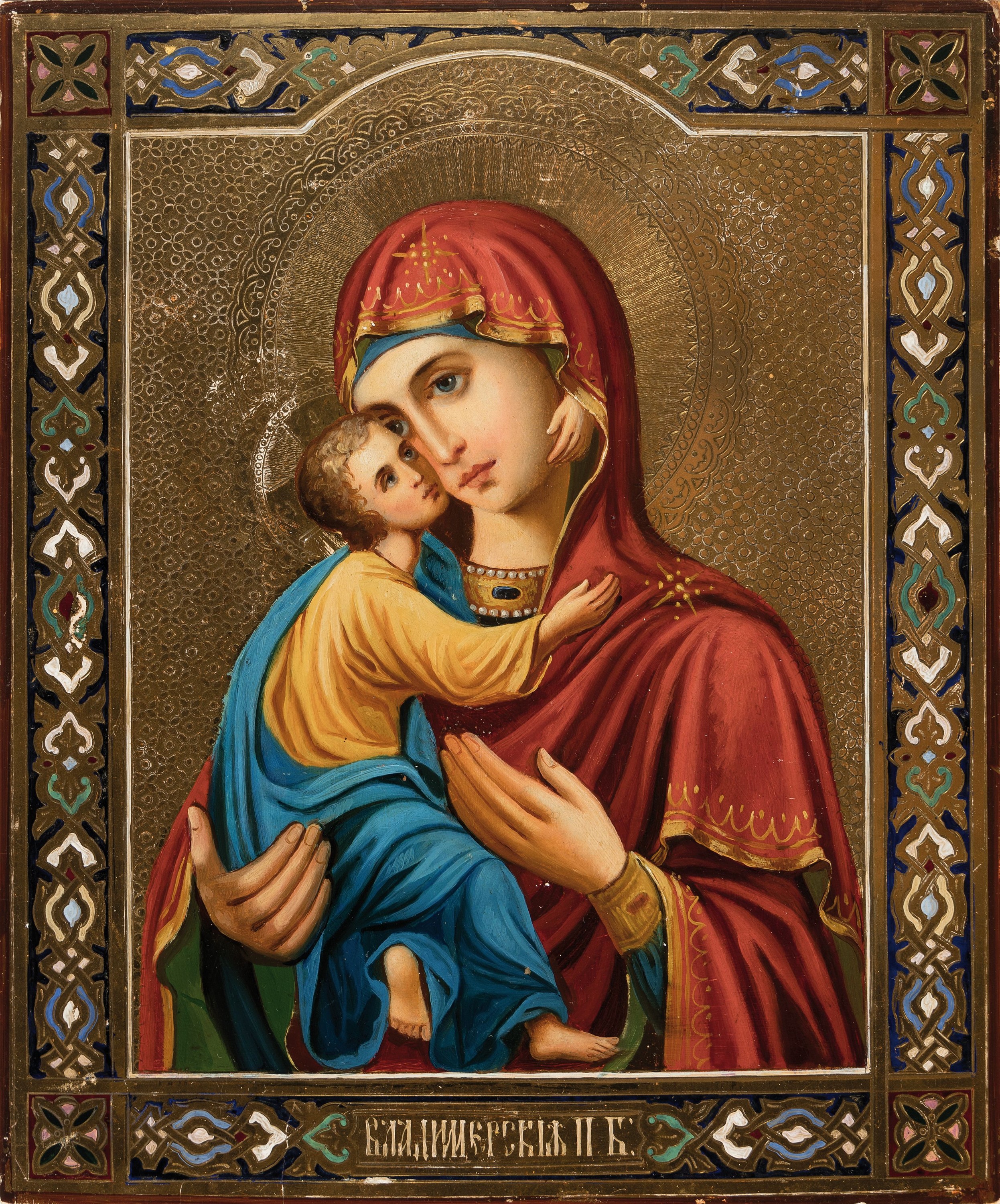 Detail k: Ikone, Russland, um 1900, Gottesmutter mit Christuskind, Tempera auf Holz, goldgrundig, ca. 26x22cm