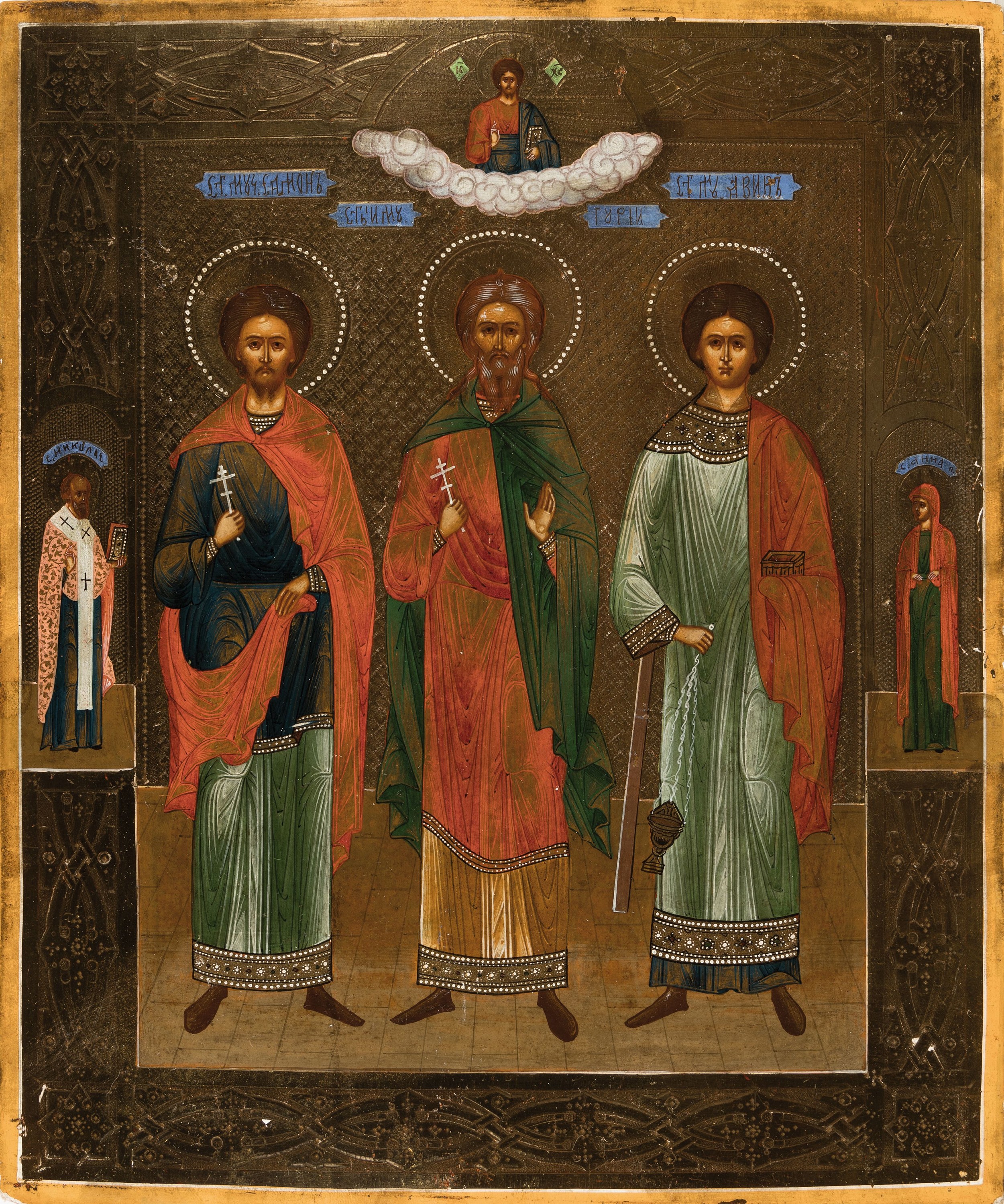Detail k: Ikone, Russland, um 1900, Drei Nationalheilige unter Mandorla, Tempera auf Holz, goldgrundig, zwei Randheilige, ca. 31x26cm