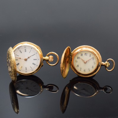 Image Set of 2 14k pink gold ladies pocket watches, Switzerland around 1900, fine engraved ...