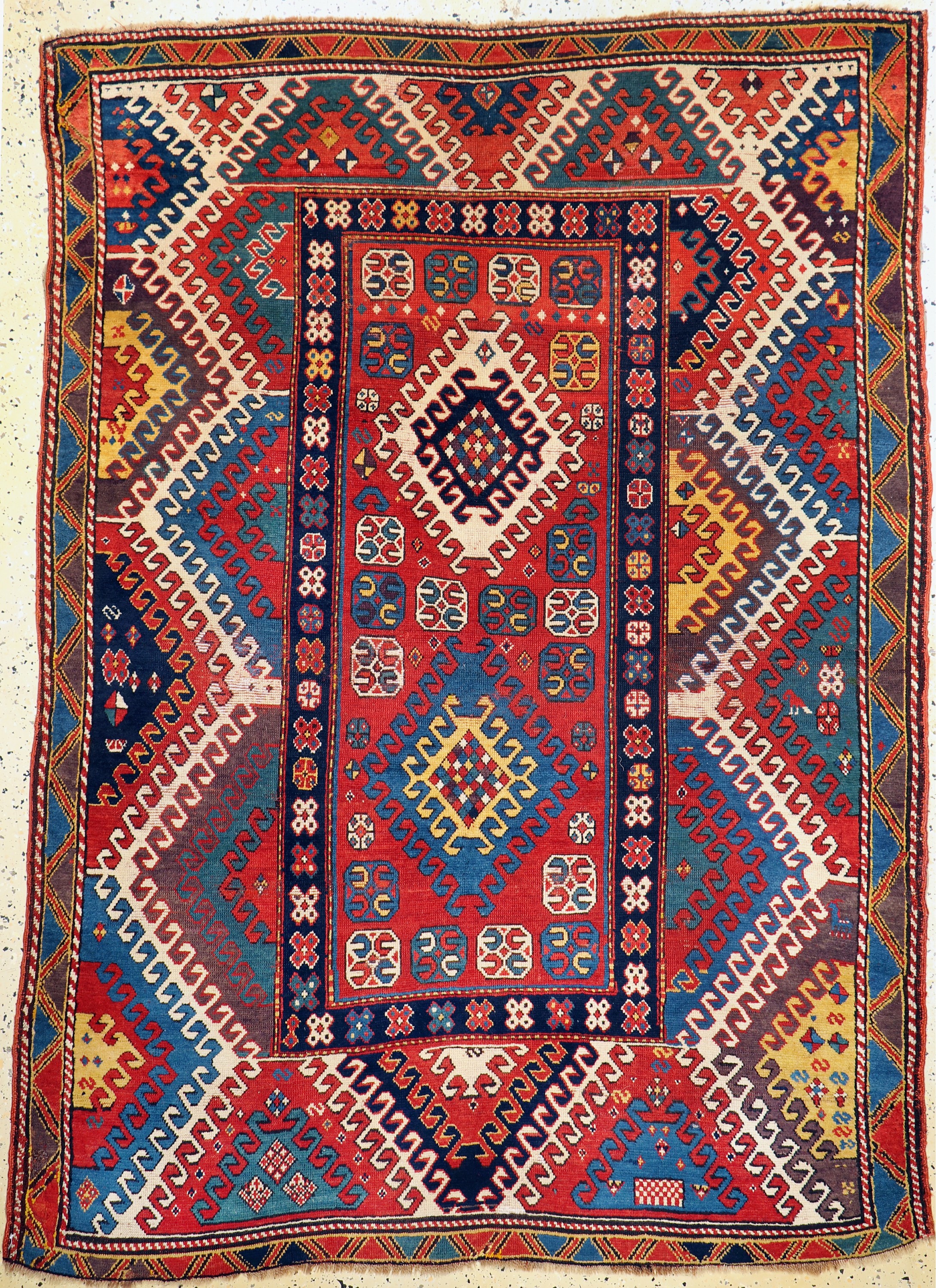 Antiker"Bordjalou"Kazak, Kaukasus, Mitte 19.Jhd, Wolle auf Wolle, ca. 202 x 146 cm, EHZ: 2-3