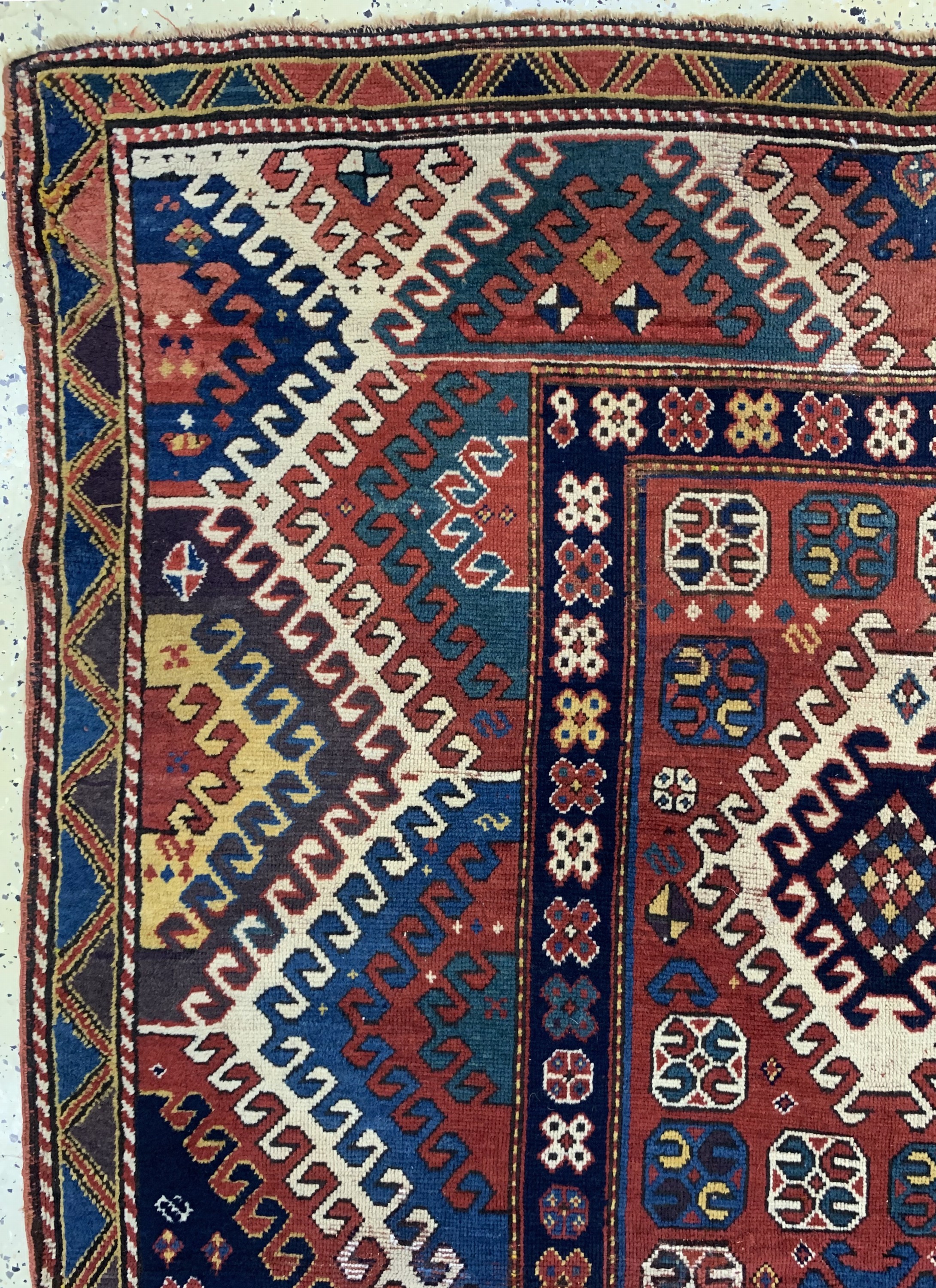 Detail d: Antiker"Bordjalou"Kazak, Kaukasus, Mitte 19.Jhd, Wolle auf Wolle, ca. 202 x 146 cm, EHZ: 2-3