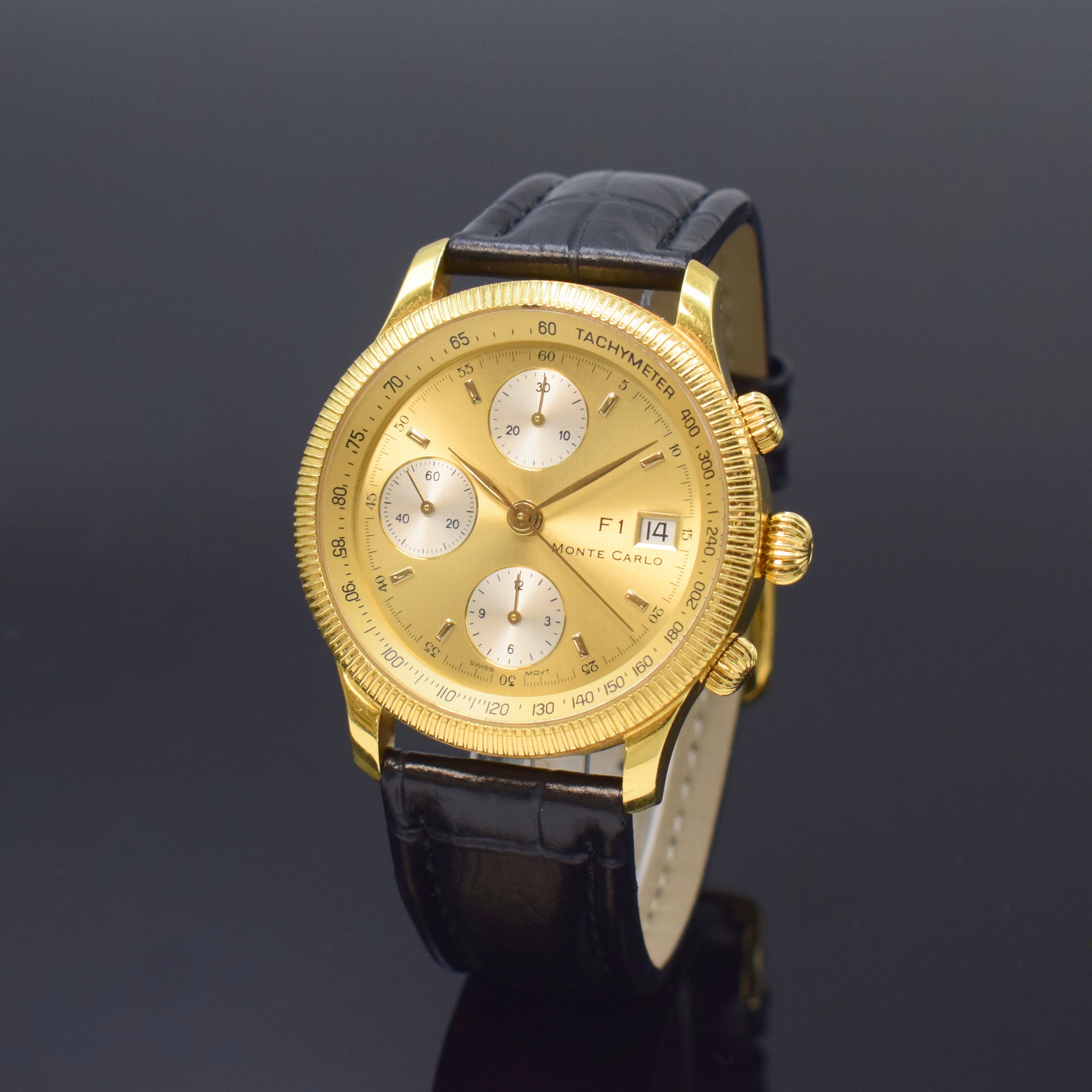 F 1 Monte Carlo schwerer Armbandchronograph in GG 750/000, Schweiz um 1995, Automatik, beids. vergl. Geh., Boden 8-fach verschr., gold. Zifferbl., ...