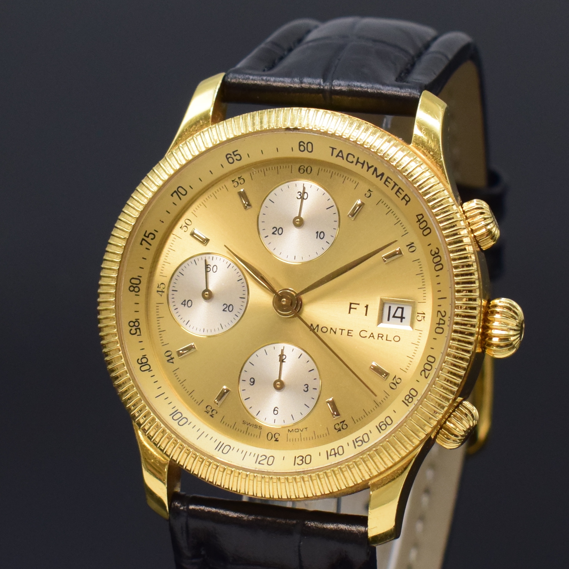 Detail a: F 1 Monte Carlo schwerer Armbandchronograph in GG 750/000, Schweiz um 1995, Automatik, beids. vergl. Geh., Boden 8-fach verschr., gold. Zifferbl., ...