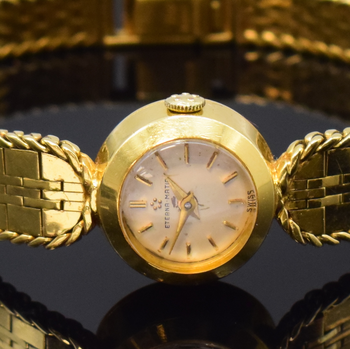Detail a: ETERNA Golden Heart seltene Damenarmbanduhr in GG 750/000, Schweiz um 1955, Automatik, 2-tlg. Geh., Boden aufgedr., anges. orig. Gliederband m. ...