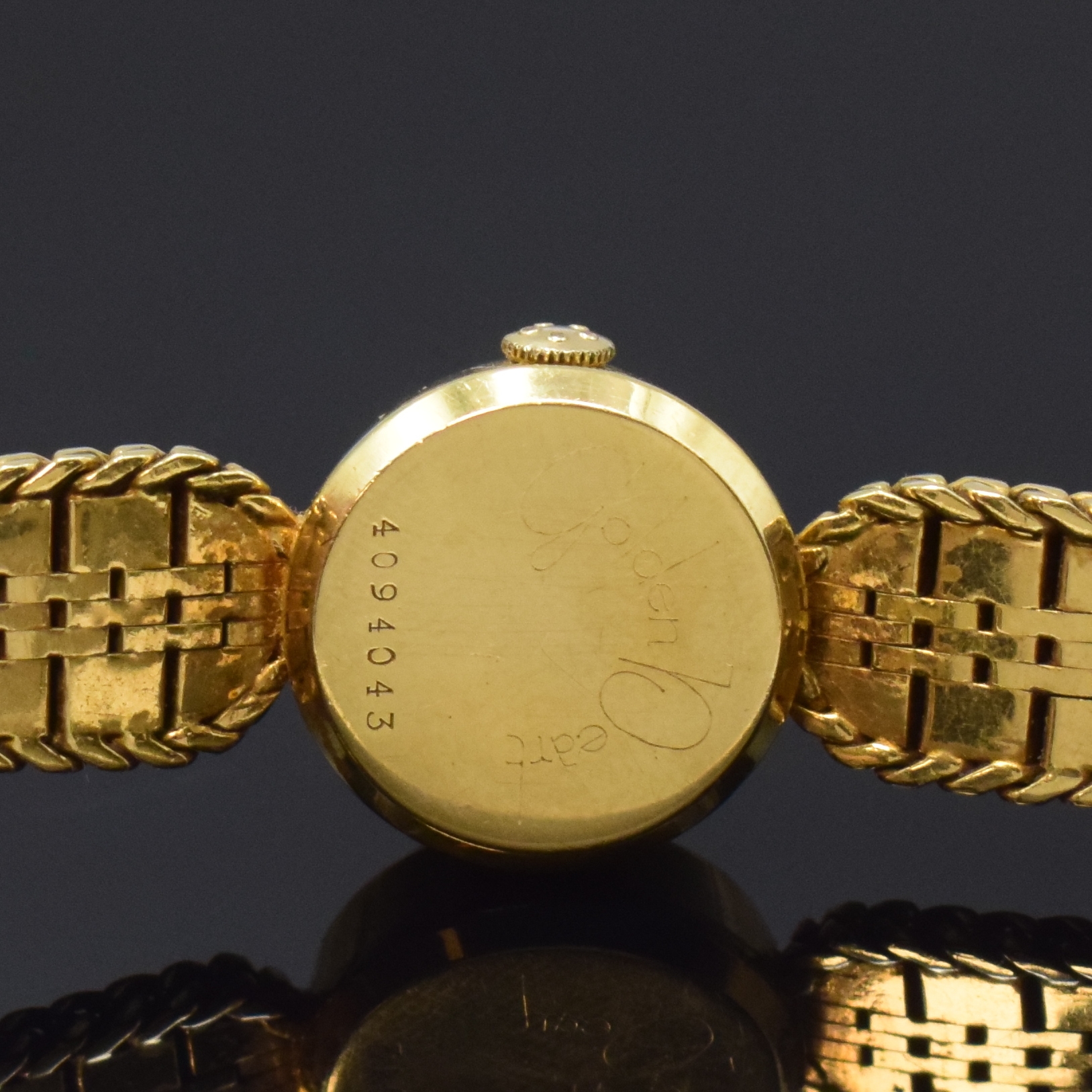 Detail d: ETERNA Golden Heart seltene Damenarmbanduhr in GG 750/000, Schweiz um 1955, Automatik, 2-tlg. Geh., Boden aufgedr., anges. orig. Gliederband m. ...