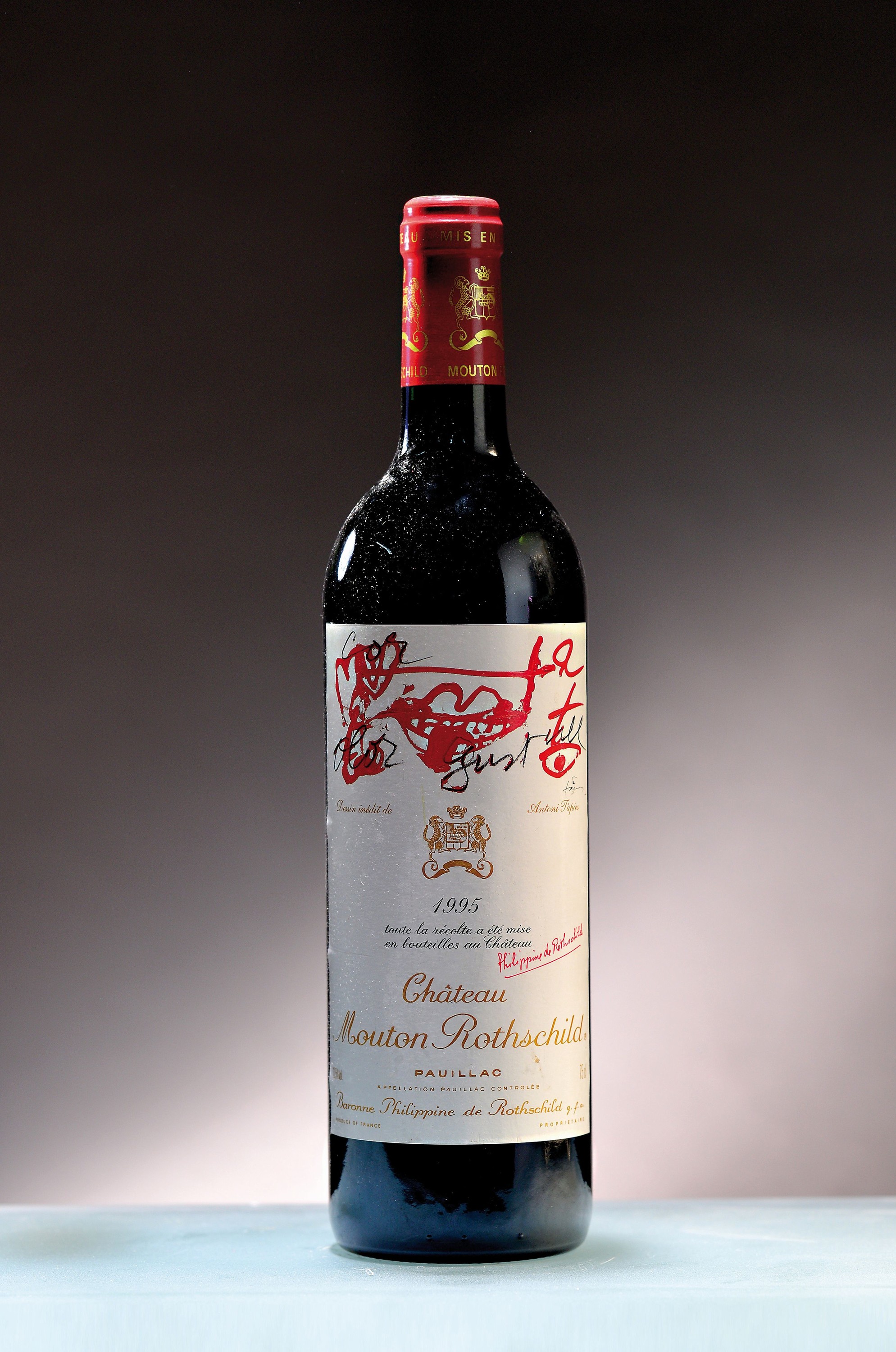 1 Flasche 1995 Chateau Mouton Rothschild, Pauillac, Künstleretikett von Antoni Tapies, ca. 75cl, 12,5%Vol., High fill