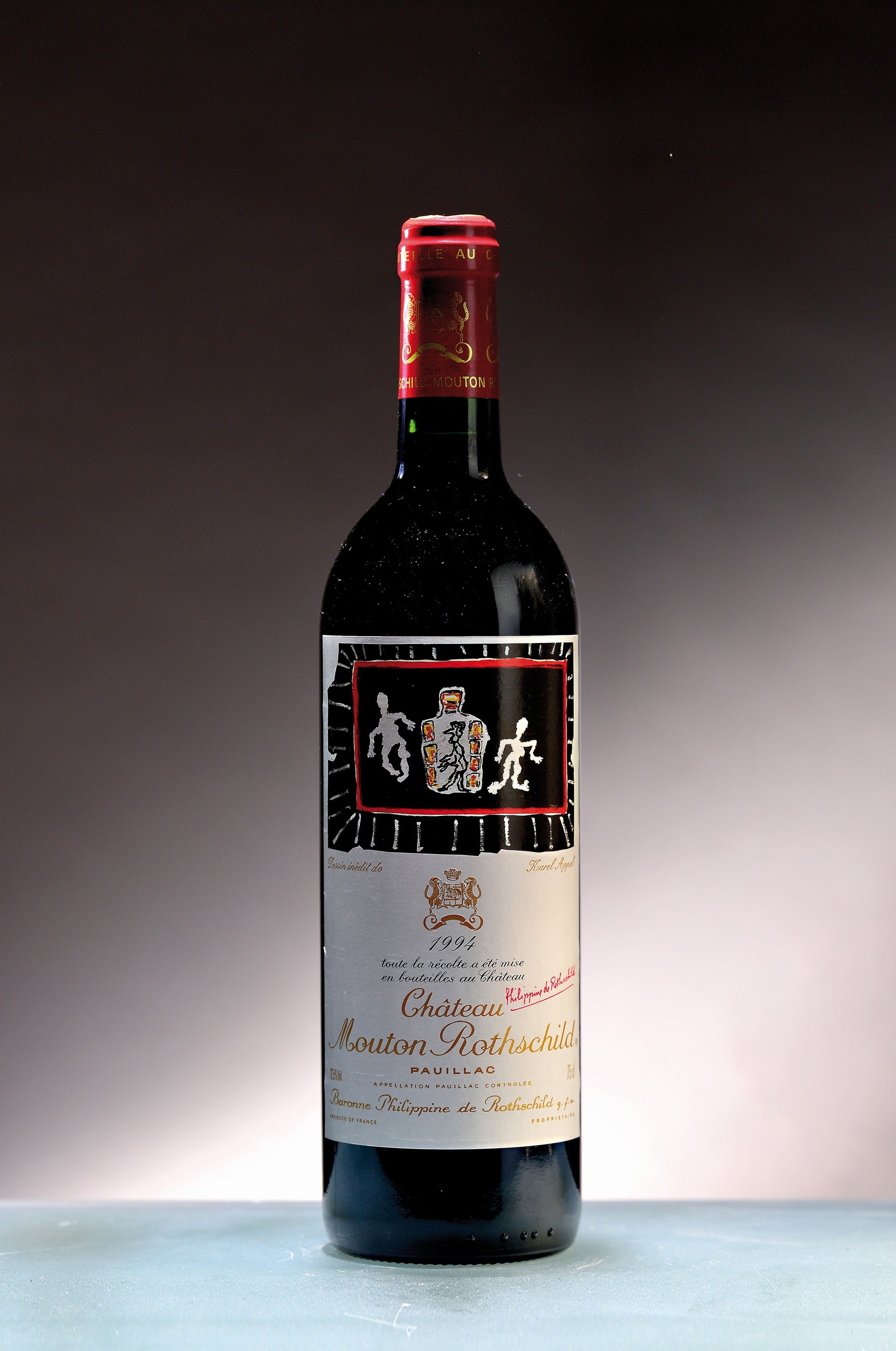 1 Flasche 1994 Chateau Mouton Rothschild, Pauillac, Künstleretikett von Karel Appel, ca.75cl, 12,5%Vol., high fill