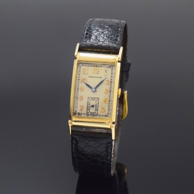 Image HAMILTON rechteckige Armbanduhr in GG 585/000, USA um 1940, Handaufzug, 2-tlg. Geh. m. ...