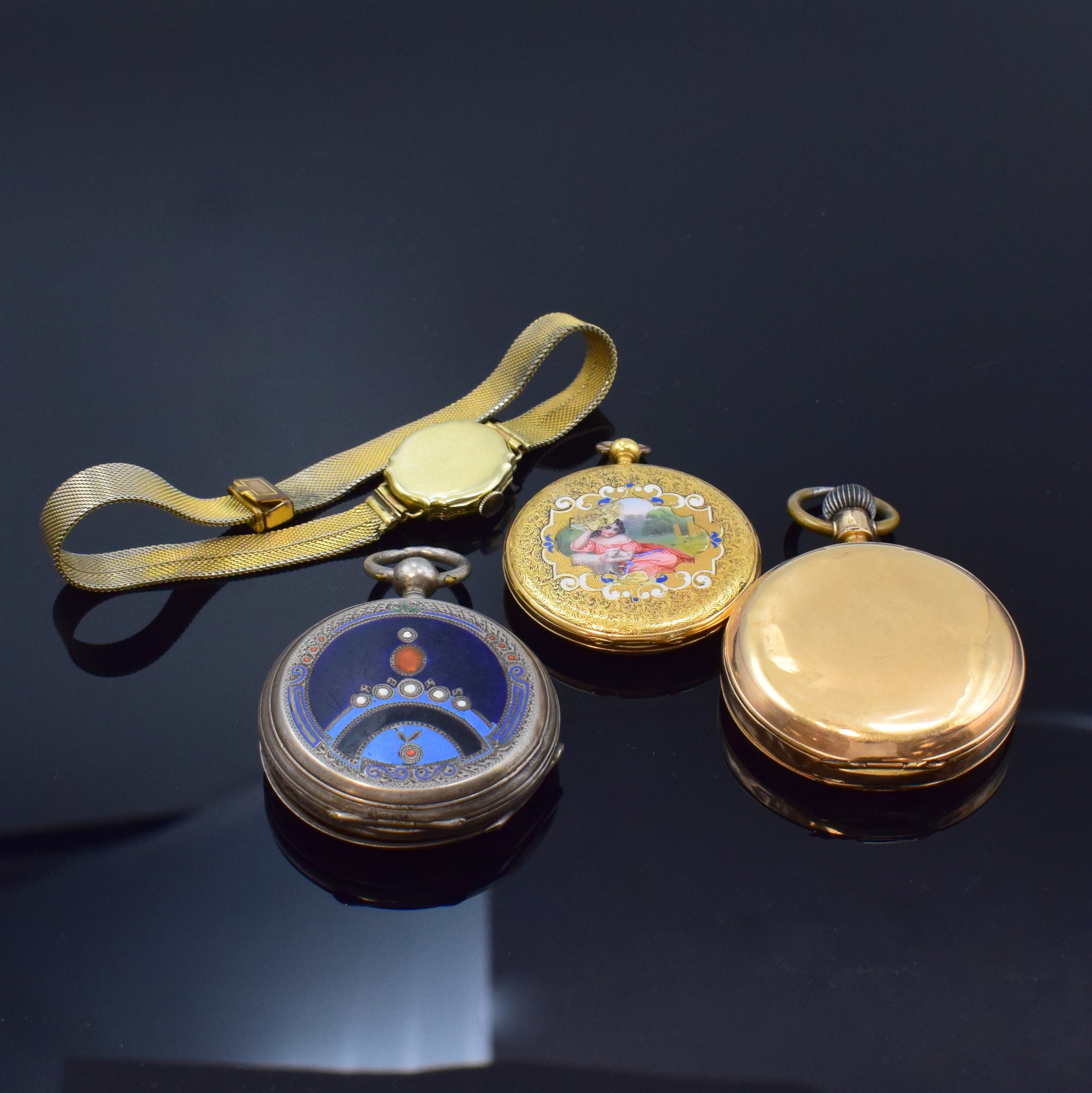 Detail a: Konvolut: 2 Taschenuhren in Gold, 1 in Silber sowie 1 Armbanduhr in Gold, Schweiz / Deutschland 1840 - 1925, Schlüsselaufzug / Kronenaufzug, 1.) ...