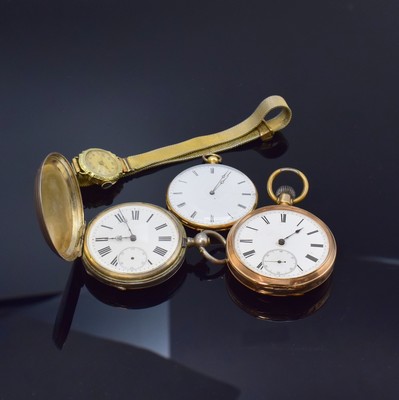 Image Set of 2 pocket watches in gold, 1 in silver as well as 1 wristwatch in gold, Switzerland ...