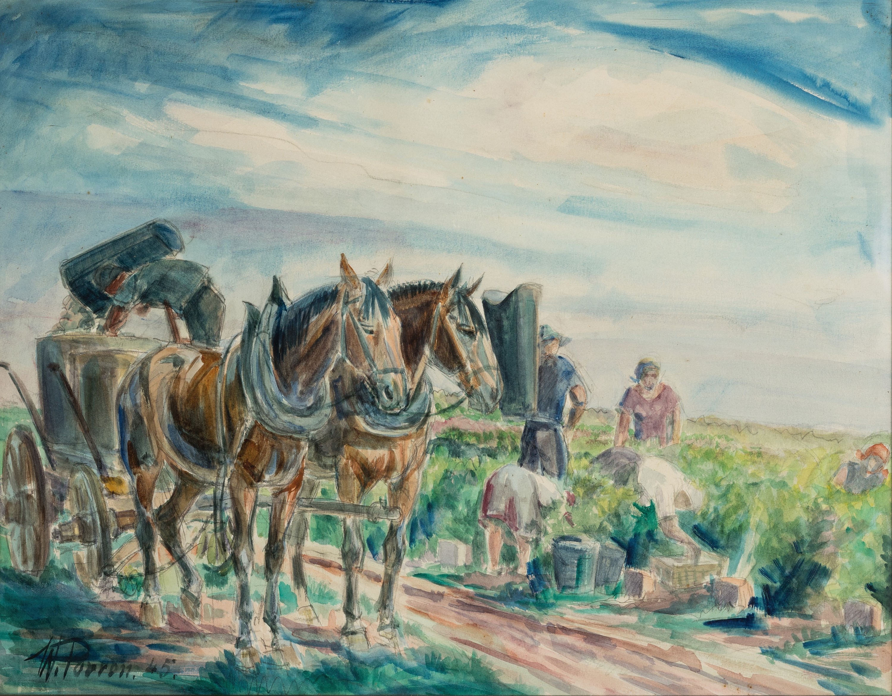 Walter Perron, 1885-1972 Frankenthal, Bei der Weinlese, Aquarell auf Papier, links unten signiert und dat. 45, ca. 49x63cm, u.Gl., R. ca. 56x69cm