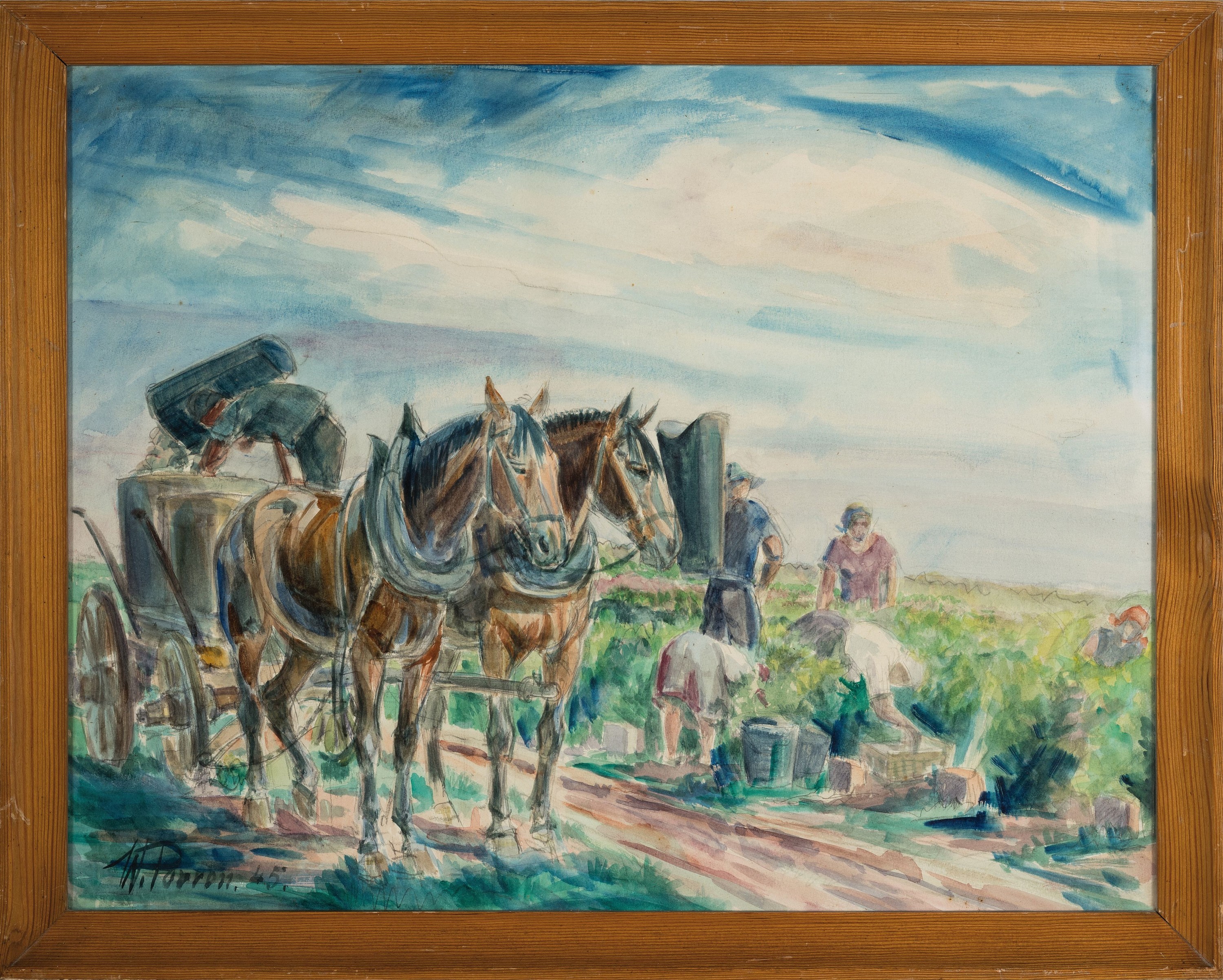 Detail k: Walter Perron, 1885-1972 Frankenthal, Bei der Weinlese, Aquarell auf Papier, links unten signiert und dat. 45, ca. 49x63cm, u.Gl., R. ca. 56x69cm