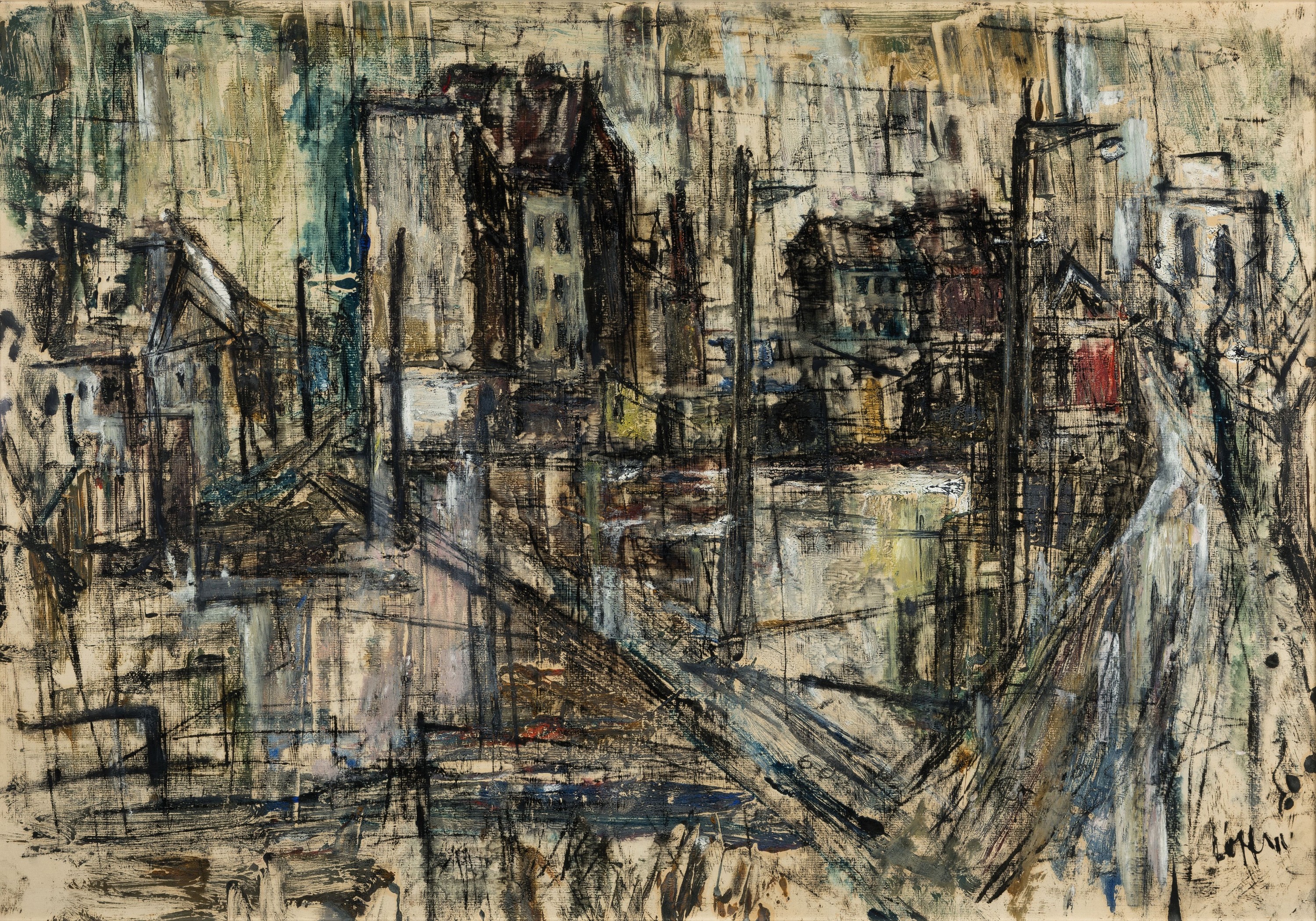 Paul Löffler, 1938-1995 Mannheim, Industrielandschaft, Aquarell und Tusche auf Papier, rechts unten sign., ca. 68x99cm, u.Gl., R.