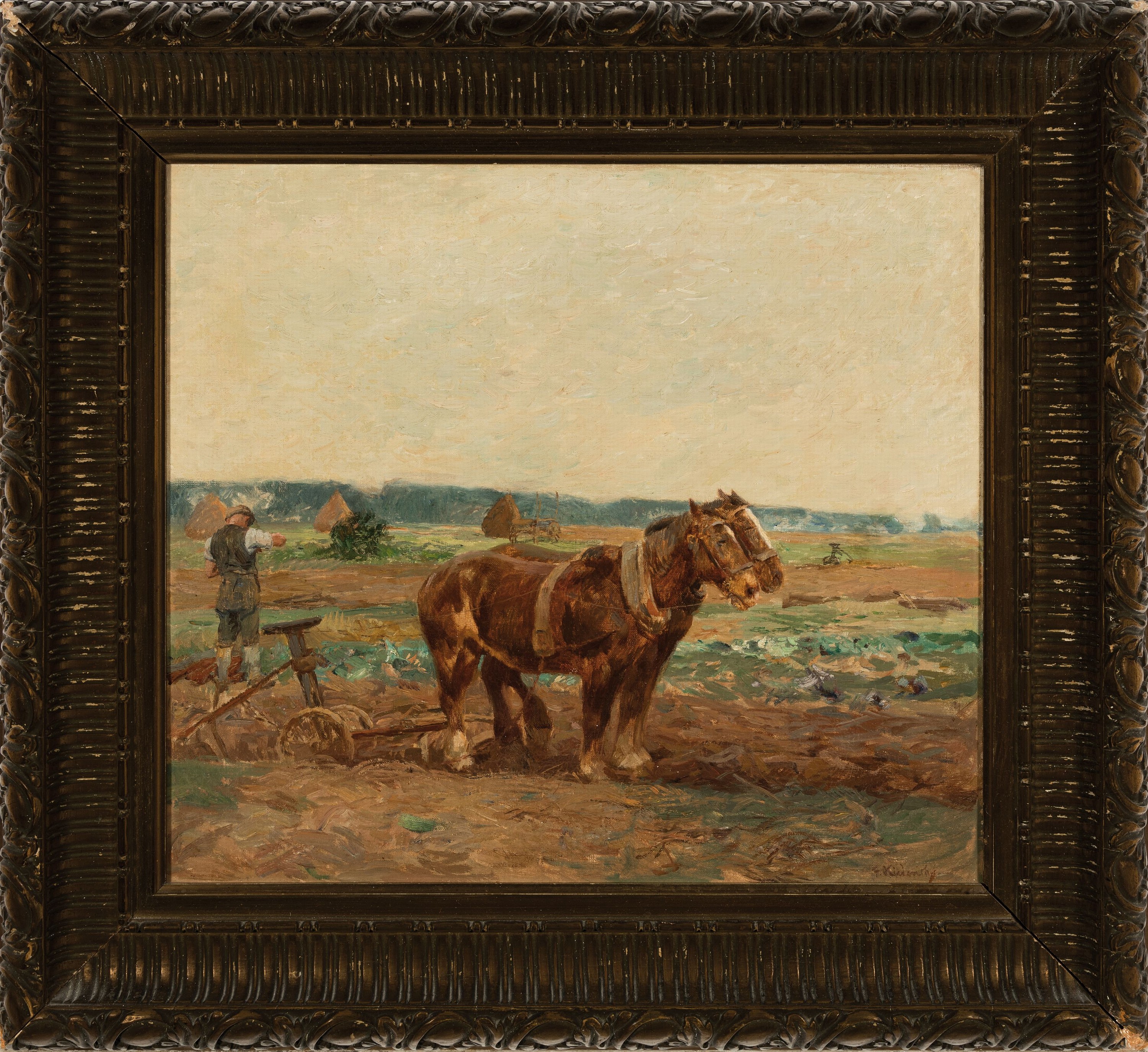 Detail k: Franz Ludwig Kiederich, 1873-1950 Düsseldorf , Bauer mit Pferdegespann vor Pflug, rechtsunten signiert, Öl/Lwd, 41x47 cm, Rahmen 59x65cm