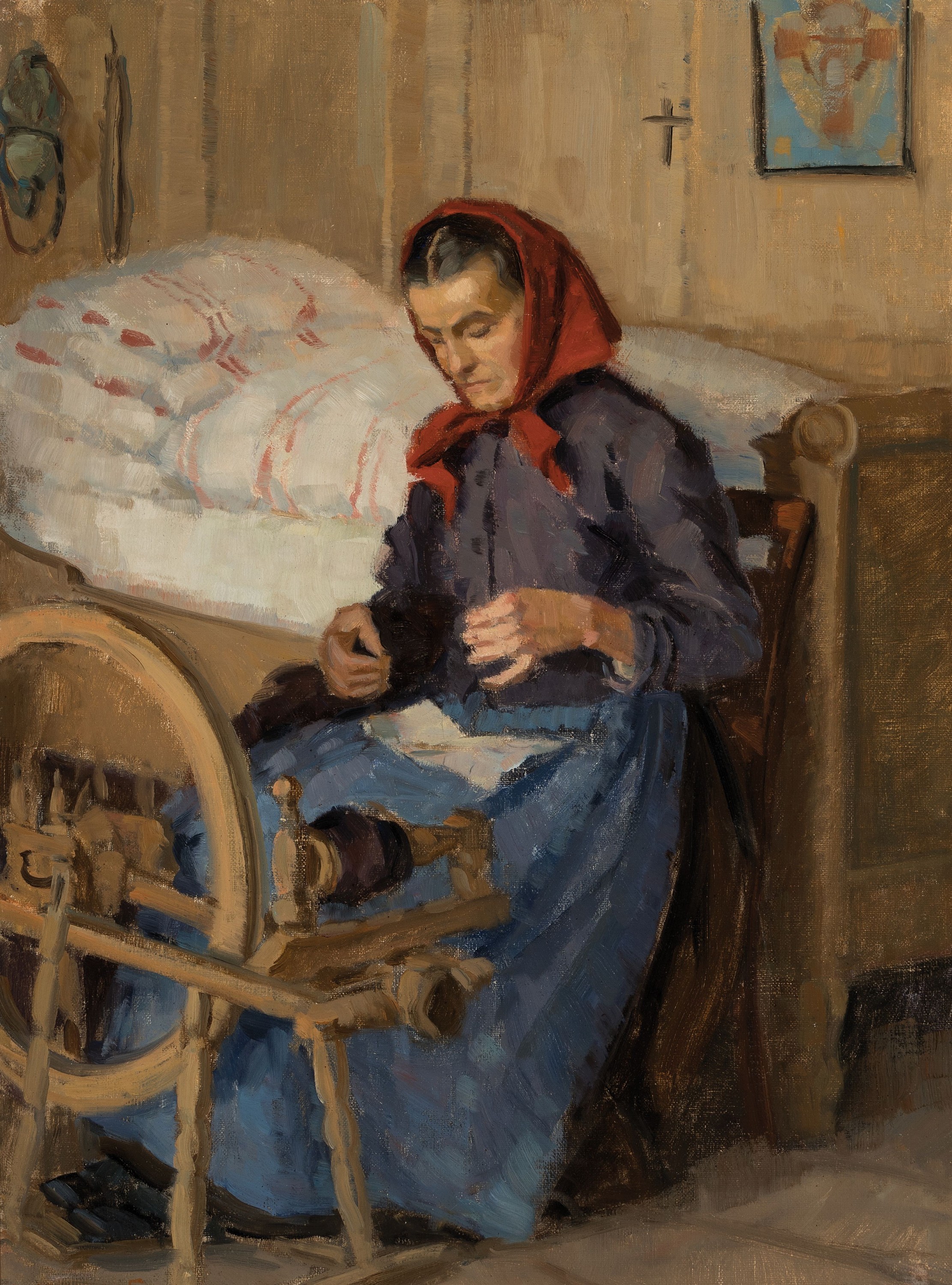 Bernhard Klinckerfuss, 1881 Stuttgart-1940 Prien am Chiemsee, bäuerliches Interieur, Frau am Spinnrad, links unten signiert, Öl/Karton, 65x48 cm, ...