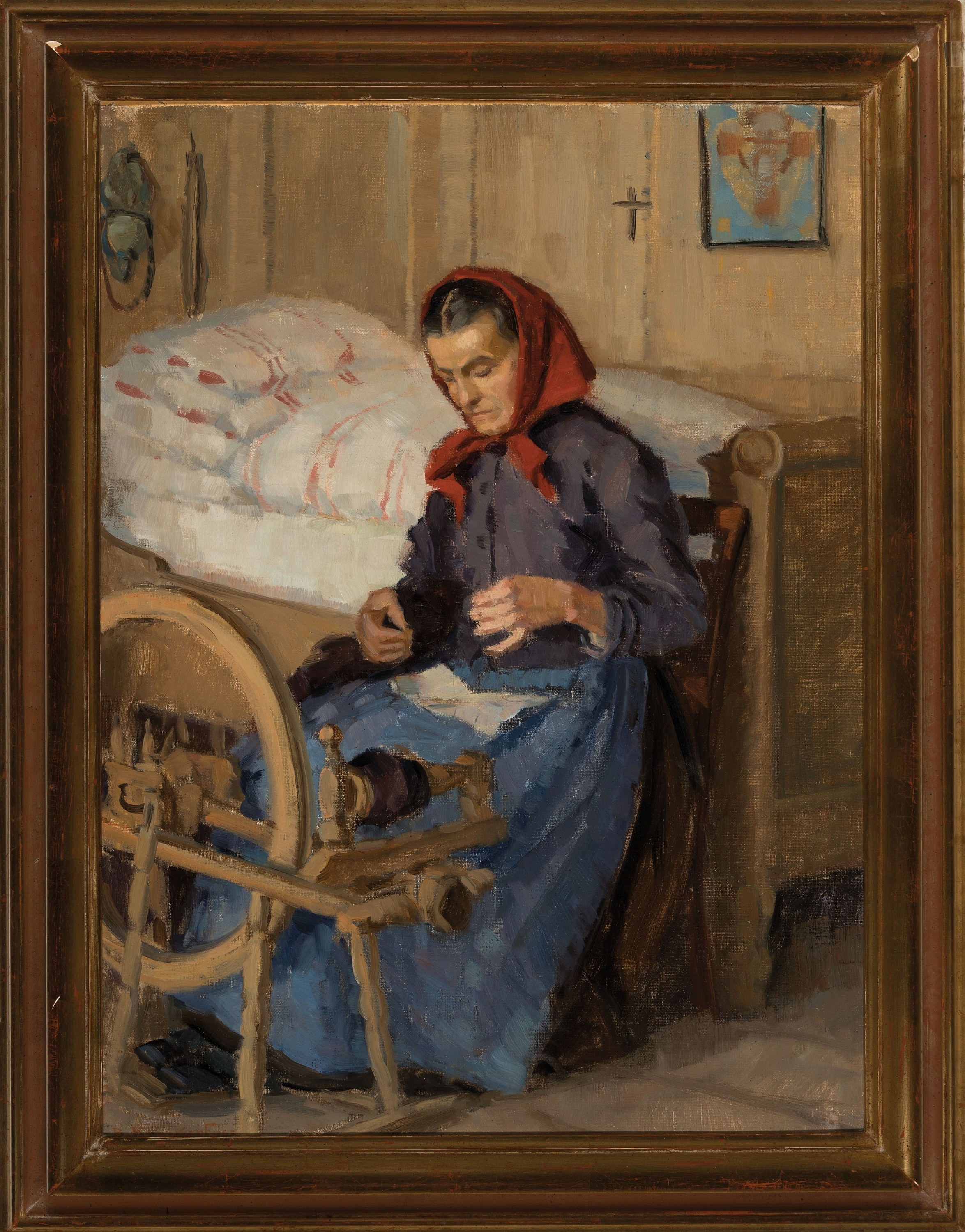 Detail k: Bernhard Klinckerfuss, 1881 Stuttgart-1940 Prien am Chiemsee, bäuerliches Interieur, Frau am Spinnrad, links unten signiert, Öl/Karton, 65x48 cm, ...