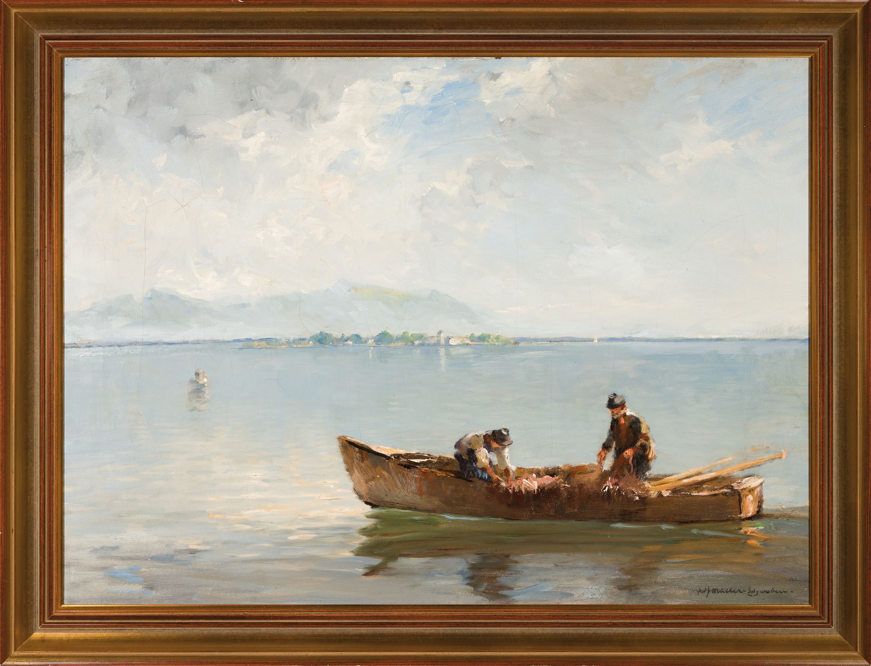 Detail k: Fritz Müller-Schwaben, 1879 Mainz-1957 München, Fischer auf dem Chiemsee, mit Blick auf die Fraueninsel rechts unten signiert, Öl/Lwd, 70x97 cm, ...