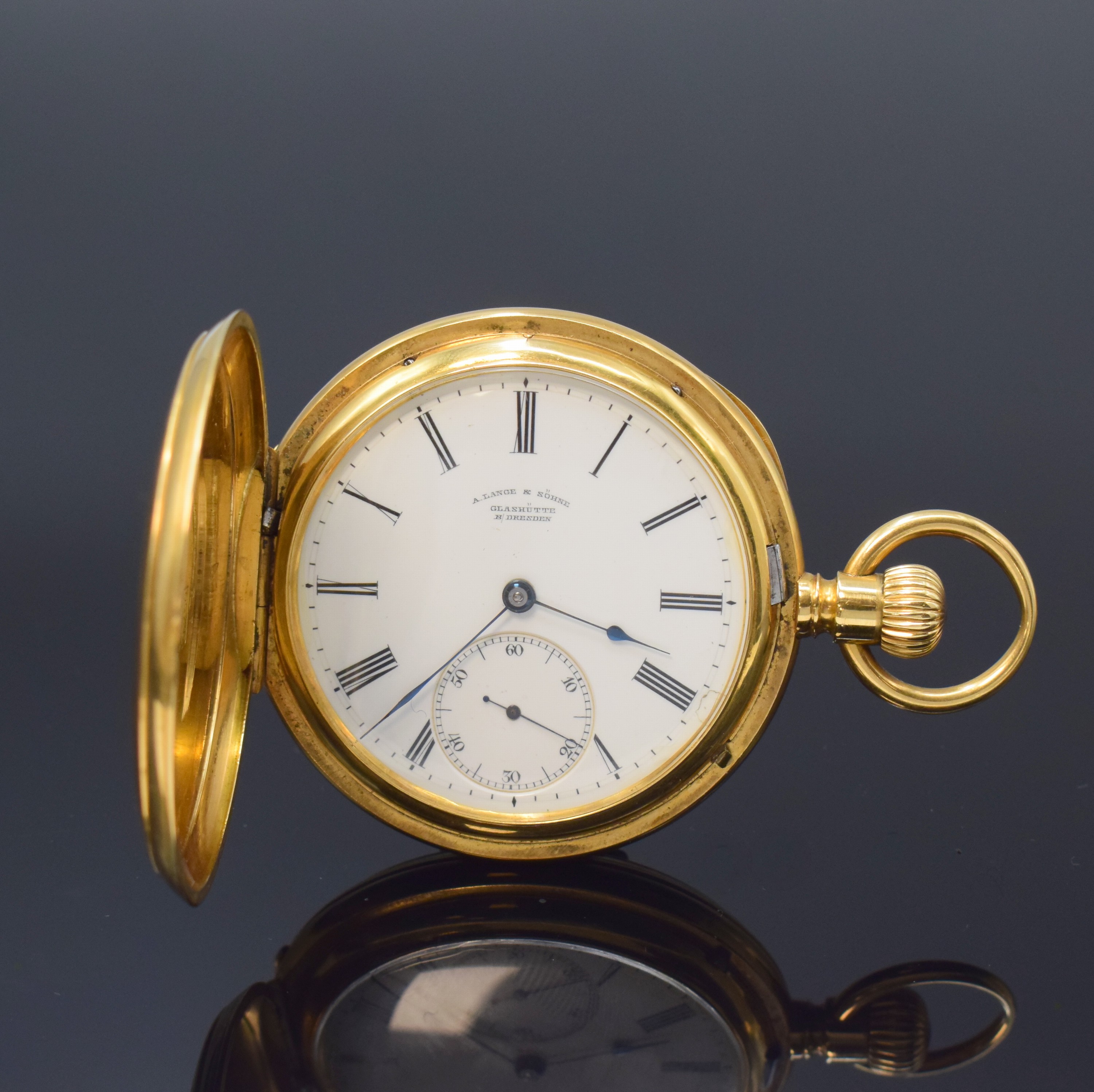 A. LANGE & SÖHNE schwere 1A Herrensavonette in GG 750/000, Deutschland um 1890, guill. 3 -Deckel Goldgeh. berieb., Form Jürgens, 2-tlg. ...