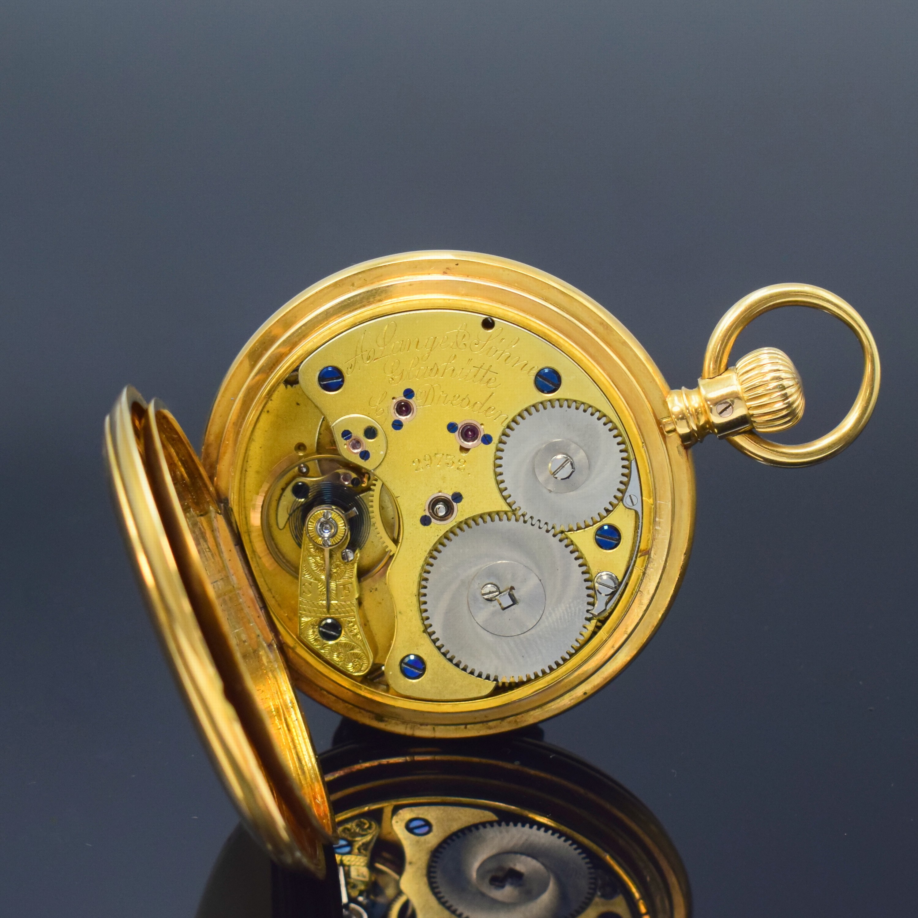 Detail g: A. LANGE & SÖHNE schwere 1A Herrensavonette in GG 750/000, Deutschland um 1890, guill. 3 -Deckel Goldgeh. berieb., Form Jürgens, 2-tlg. ...