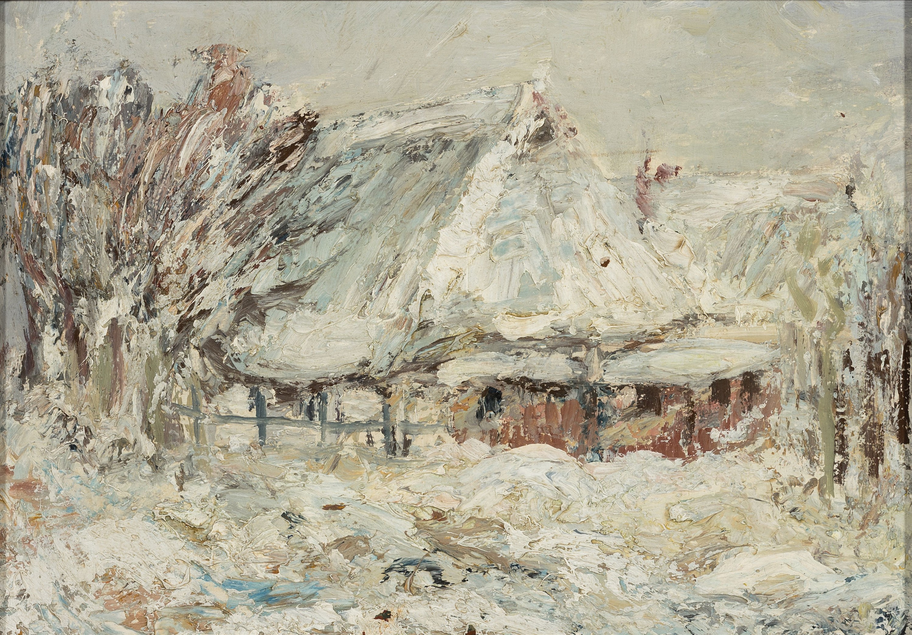 Zuschreibung: Carl Hinrichs, 1903 Nürnberg- 1990 Schwerin, Verschneites Bauernhaus, Öl/Malkarton, ca. 22x31cm, R. ca.36x44cm