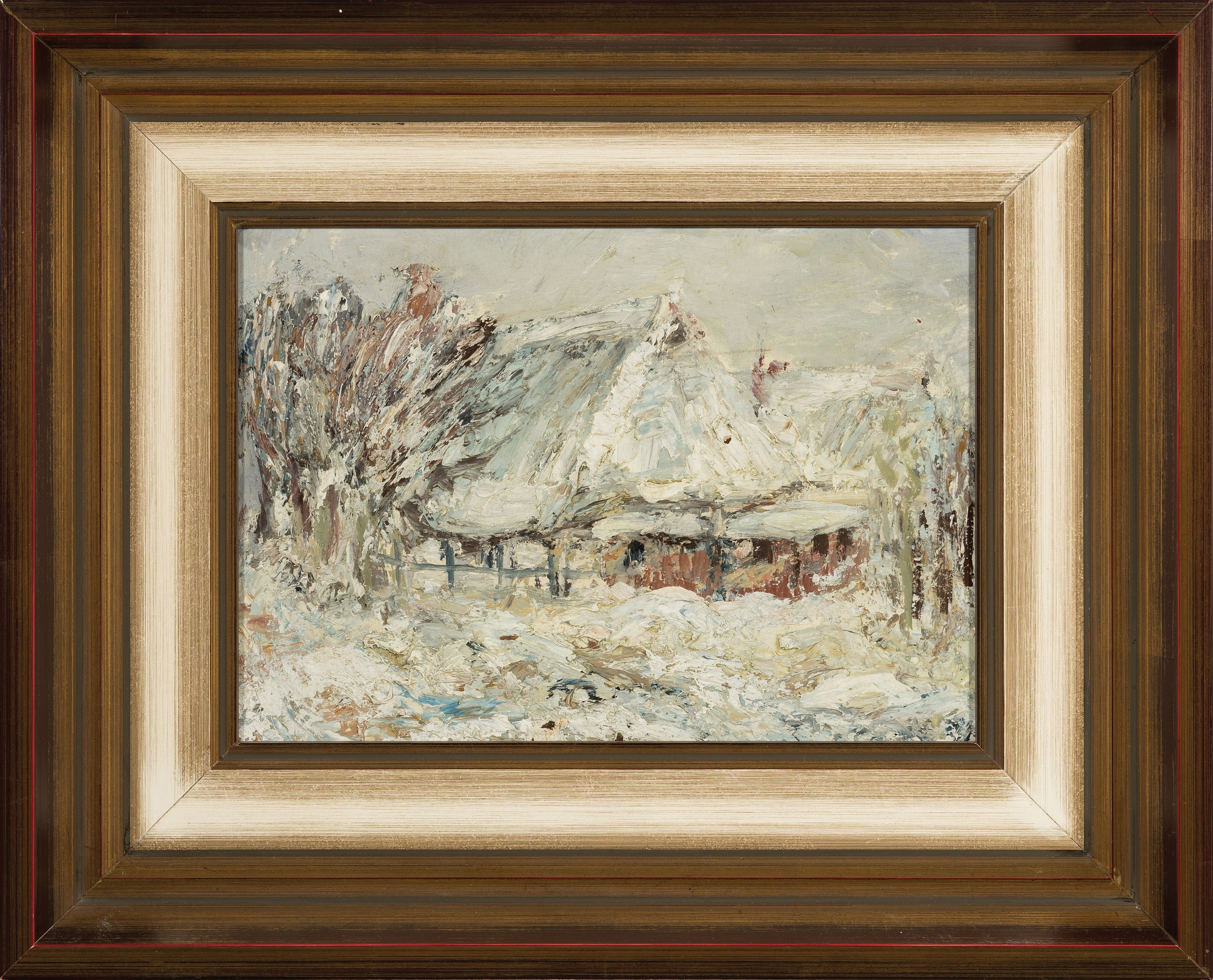 Detail k: Zuschreibung: Carl Hinrichs, 1903 Nürnberg- 1990 Schwerin, Verschneites Bauernhaus, Öl/Malkarton, ca. 22x31cm, R. ca.36x44cm