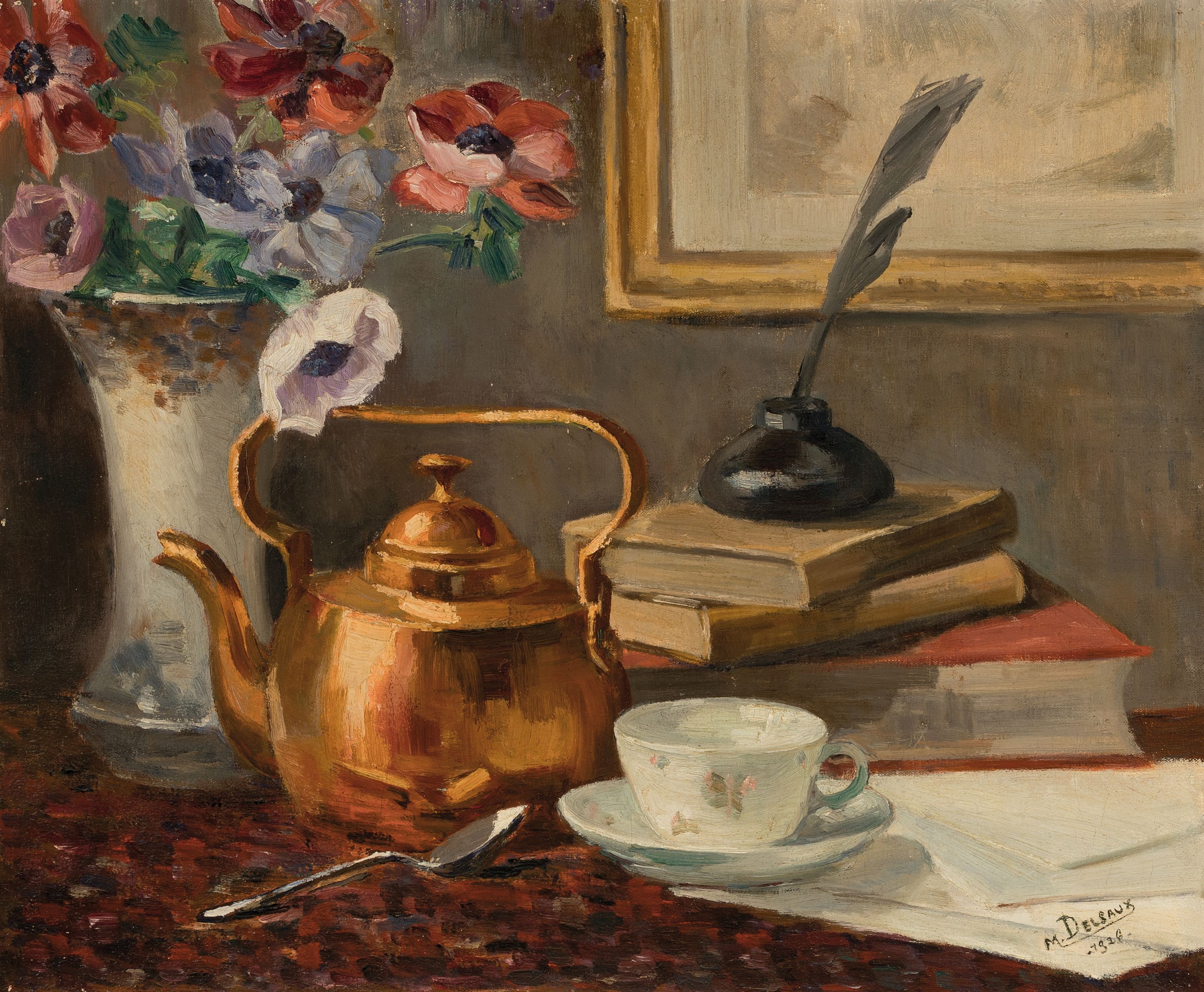 Madeleine Delsaux, geb. 1903 französisch, häusliches Stillleben mit Messingkanne, Blumenvase Büchern und Teetasse, rechts unten signiert 1926, ...