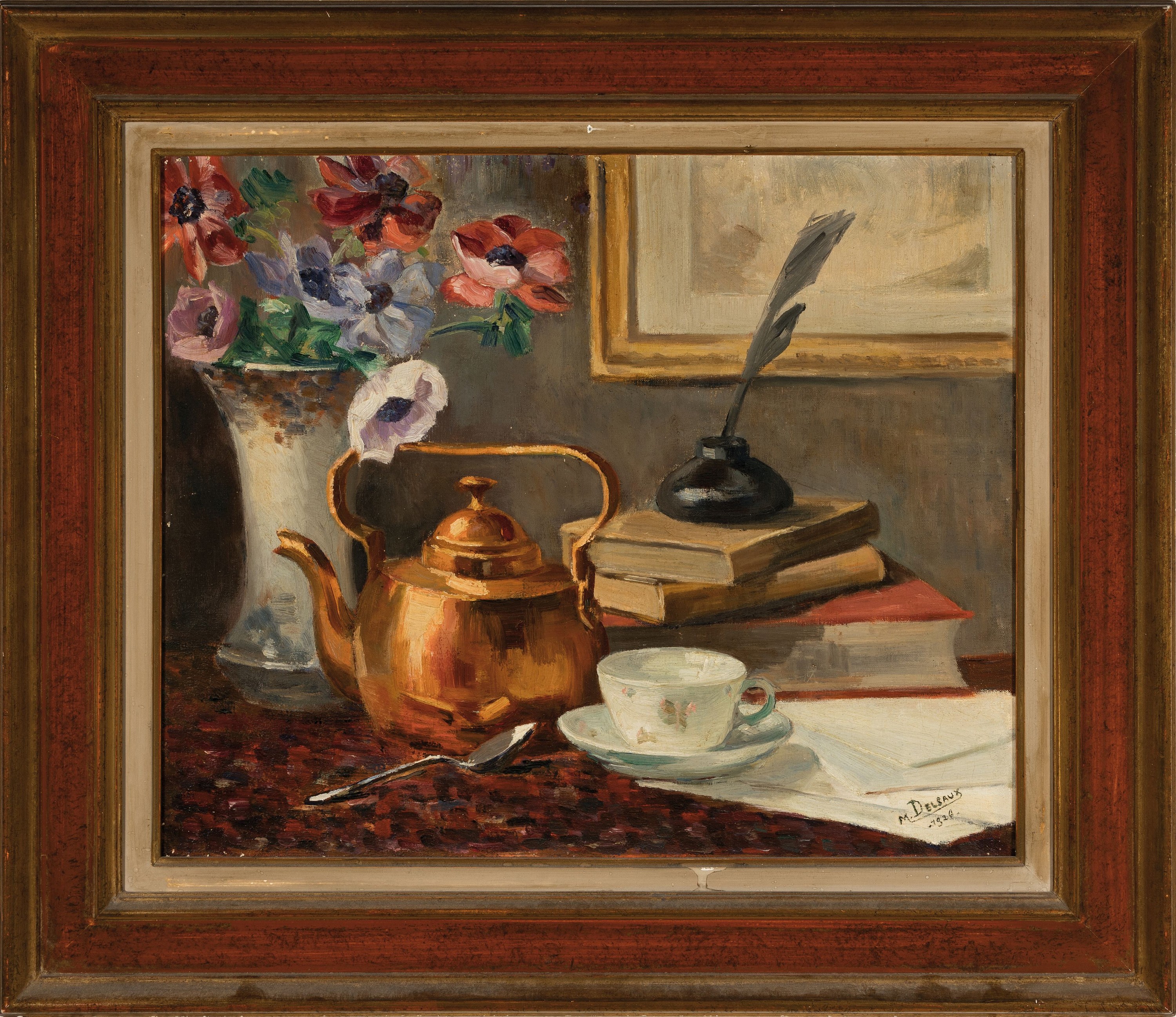 Detail k: Madeleine Delsaux, geb. 1903 französisch, häusliches Stillleben mit Messingkanne, Blumenvase Büchern und Teetasse, rechts unten signiert 1926, ...