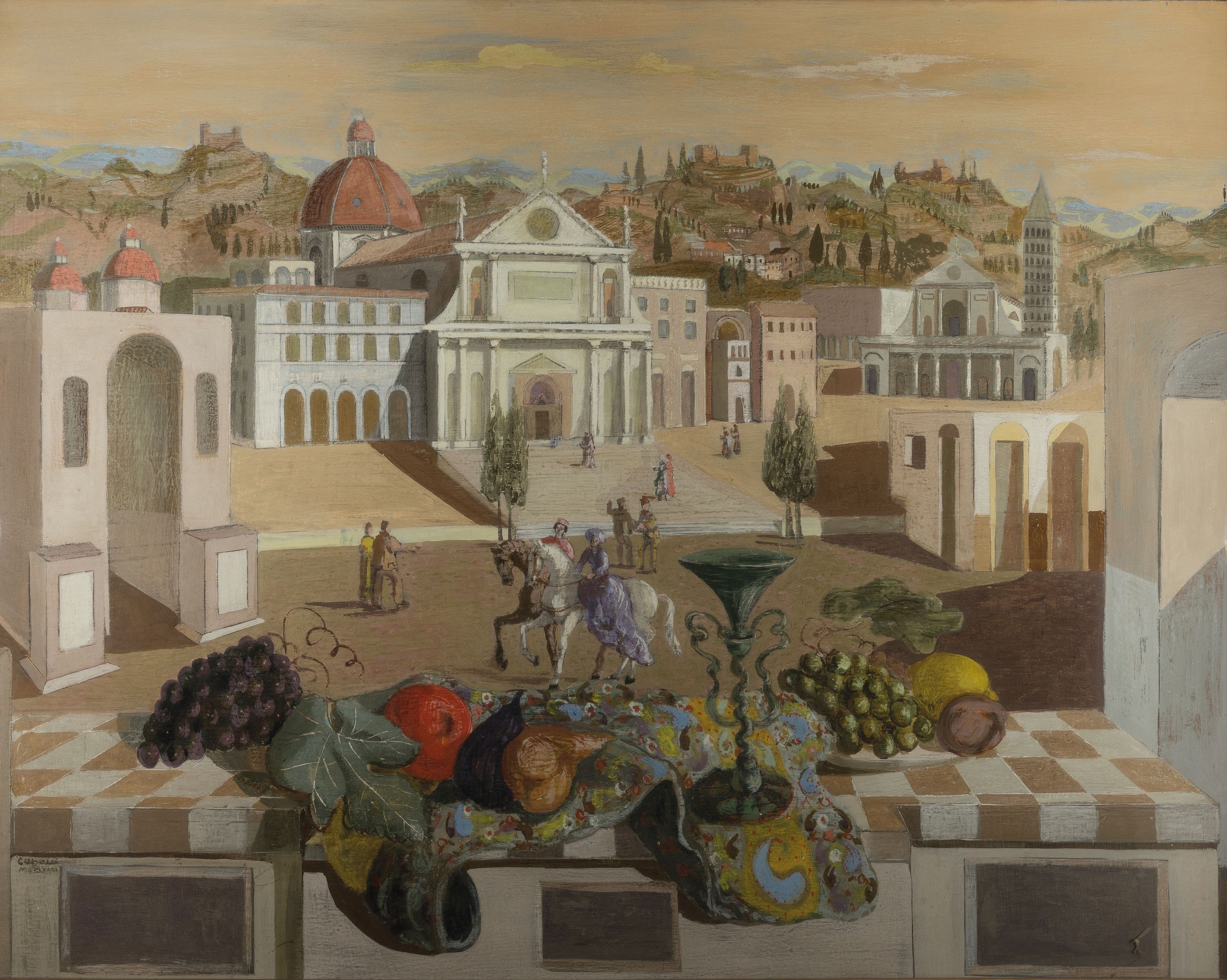 Bruno Capacci, 1906 Venedig-1996, Öl/Platte, italienische Stadtlandschaft, Souvenir aus Rom, vordergründiges Früchtestillleben, wohl 1940er-Jahre, ...